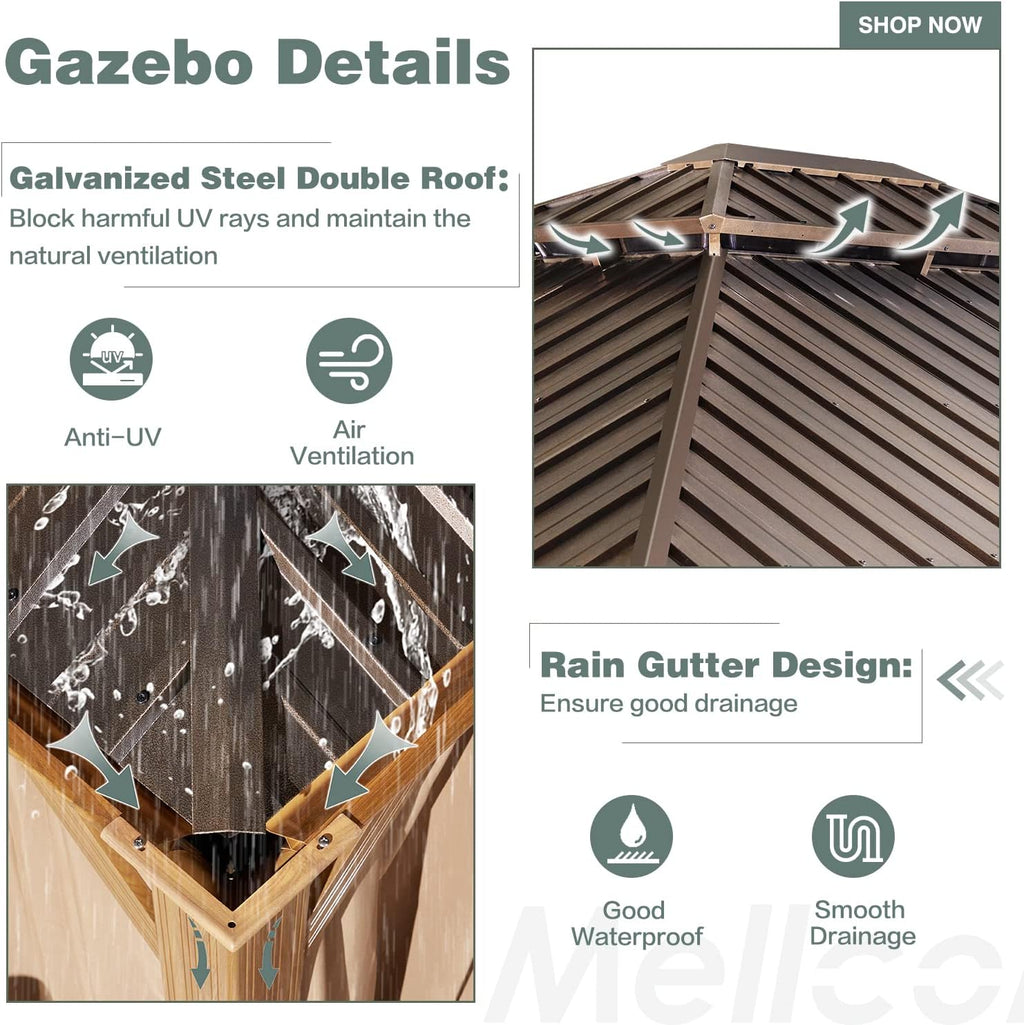 MELLCOM 12' x 14' Hardtop Gazebo, Wooden Finish Coated Aluminum Frame Gazebo with Galvanized Steel Double Roof, Outdoor Permanent Metal Pavilion with Curtains and Nettings for Patio, Lawn & Garden
