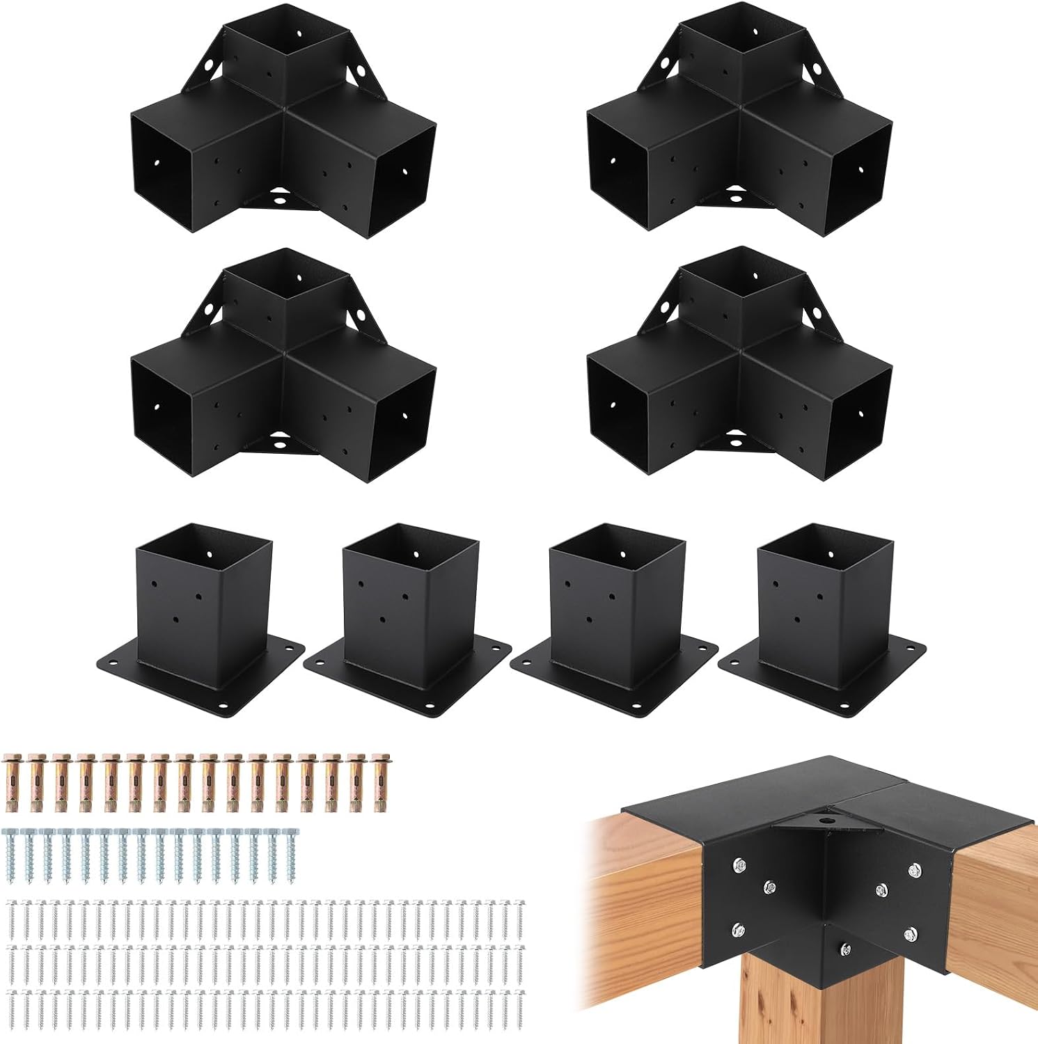 GarveeHome Pergola Kit, Heavy-Duty Carbon Steel Gazebo Kit with 4 3-Way Corner Brackets, 4 Post Bases for 4 in x 4 in Lumber, Perfect for Outdoor Patio Gazebos Log Cabins Pergola Hardware, Black