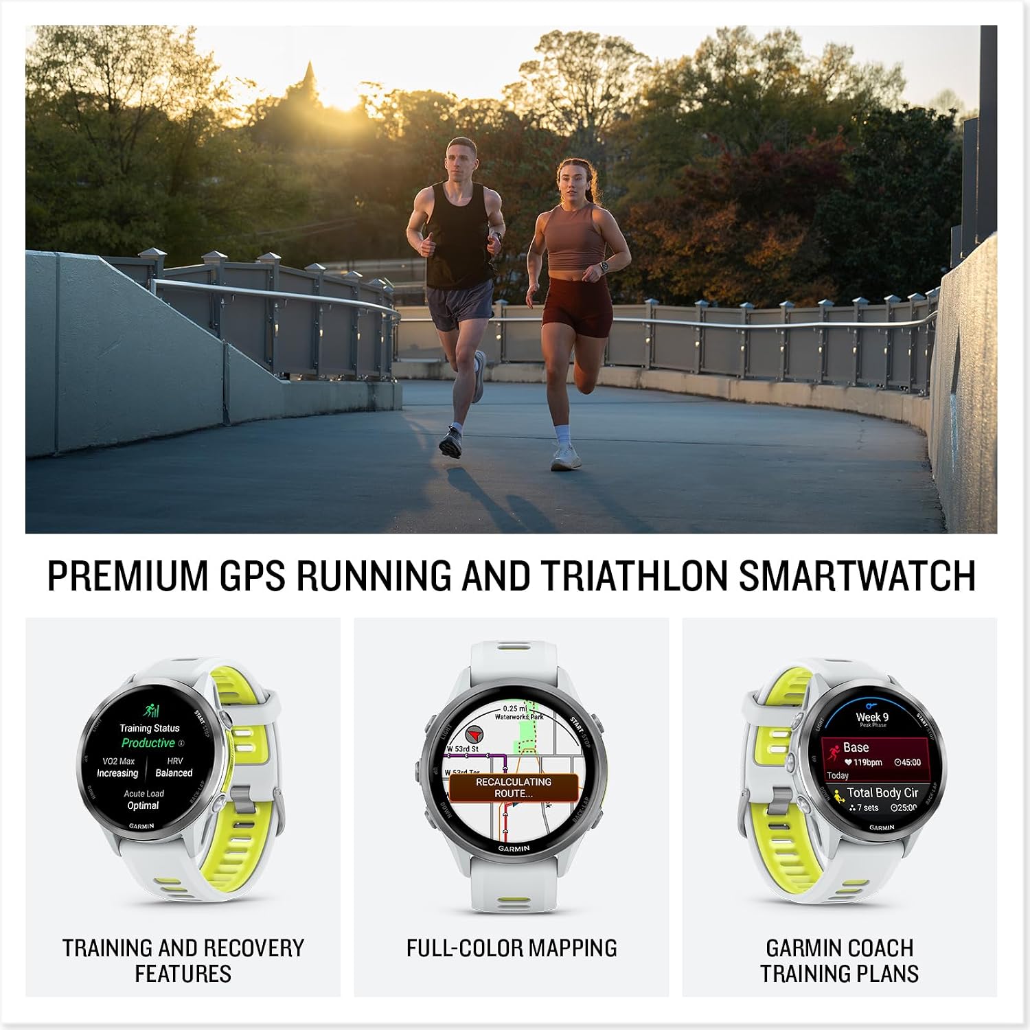 Garmin Forerunner 970 Running Smartwatch, GPS Fitness Watch for Men and Women, Titanium with Whitestone Case and Whitestone/Translucent Amp Yellow Band + Access 600 Fitness Monitor, XS-S + More