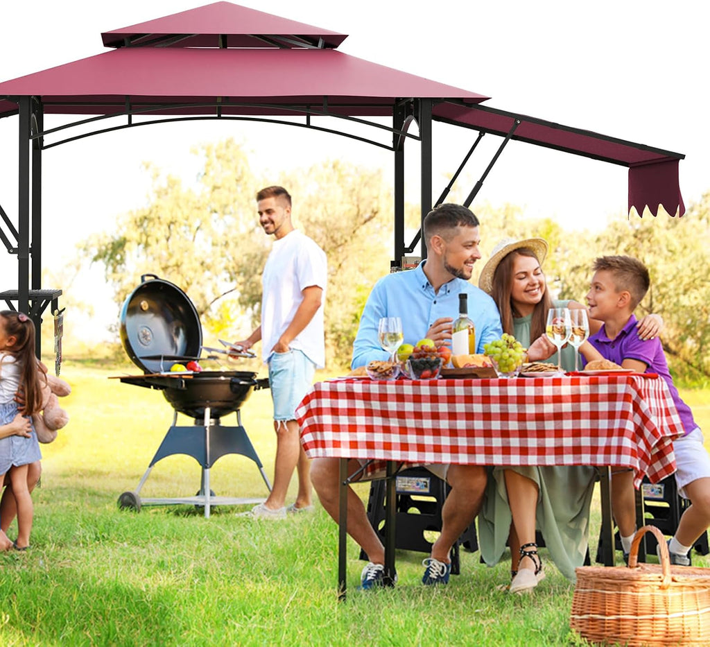 Grill Gazebo, Outdoor BBQ Canopy with Double Extra Awning, Double Tiered Roof Grill Canopy Tent with LED Lights, Weather Resistant Gazebo Shelter for Backyard, Lawn and Patio,Claret