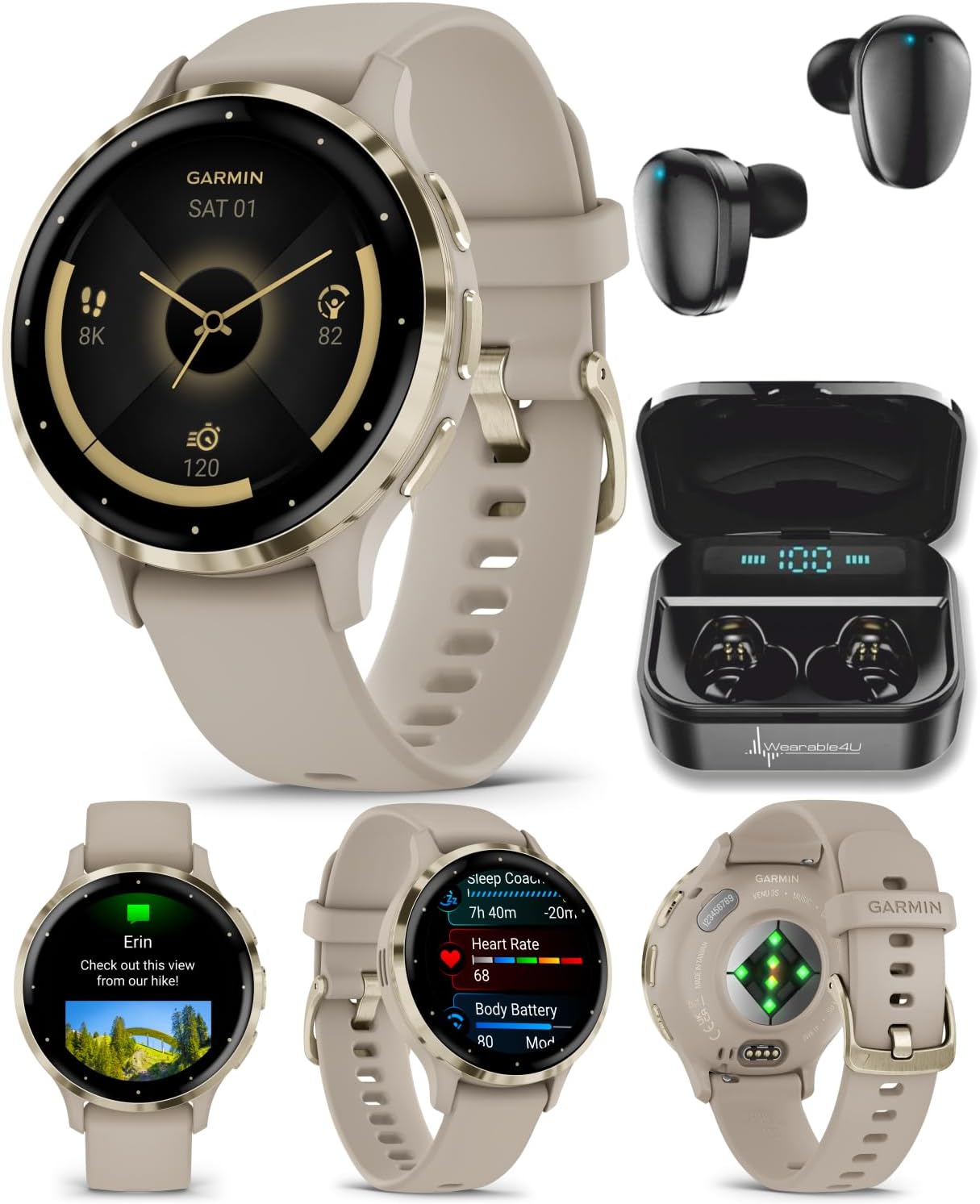 Garmin Venu 3S GPS Smartwatch AMOLED Display 41mm Watch, Health and Fitness Features, Up to 10 Days of Battery, Sleep Coach, French Gray with Black Earbuds Bundle