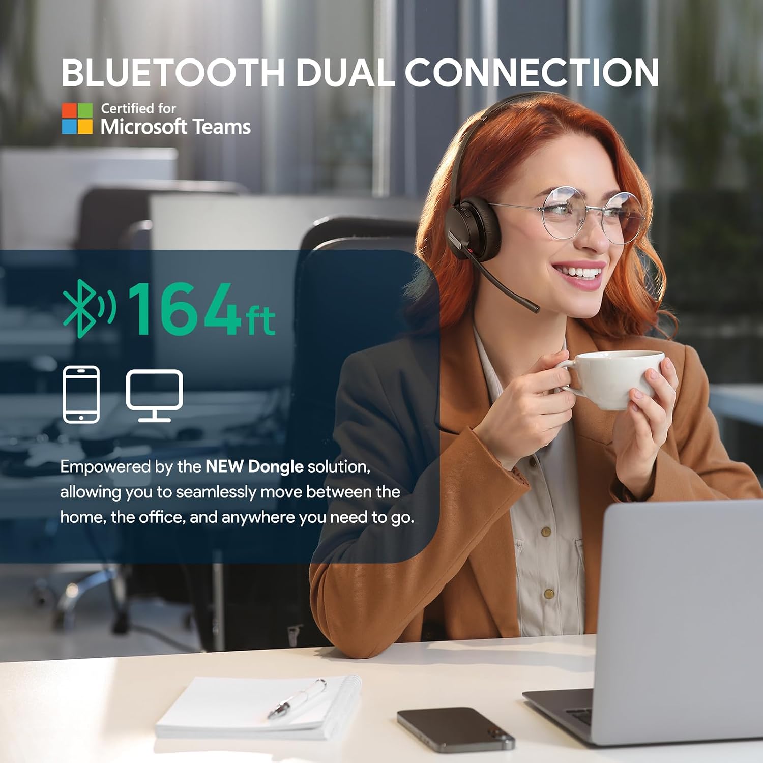 Yealink BH70 Mono Wireless Bluetooth Headset with Microphone for Work, up to 35h Talking, Native Bluetooth via Microsoft Teams Certified, Compatible with Cisco Webex & Jabber, Zoom, Google Meeting