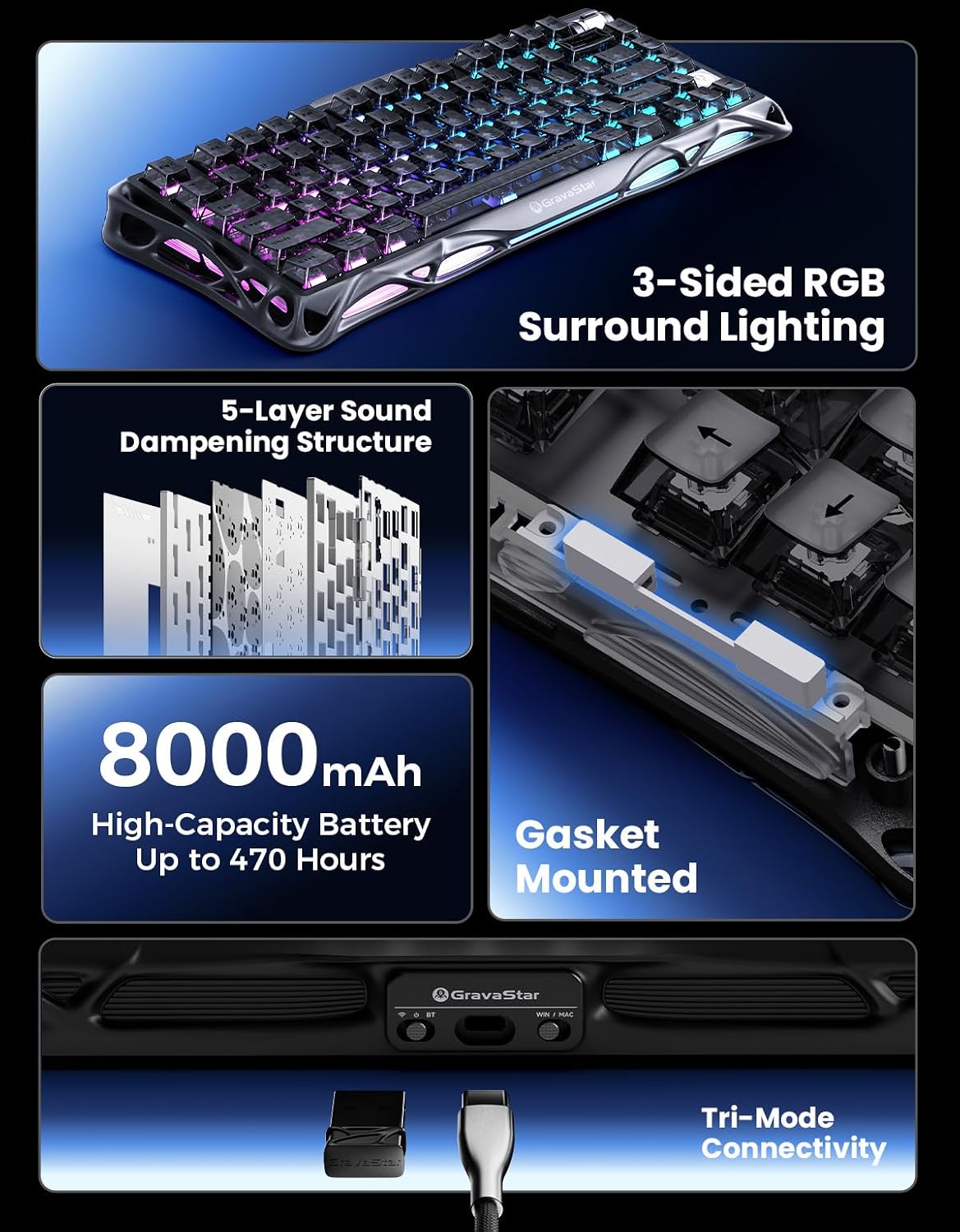 GravaStar Mercury K1 75% Wireless Mechanical Keyboard, Aluminum Alloy Gaming Keyboard with Knob, Hot Swappable, Linear Switches, Transparent Keycaps, RGB Backlit, 2.4GHz/BT5.0/USB for PC Gaming
