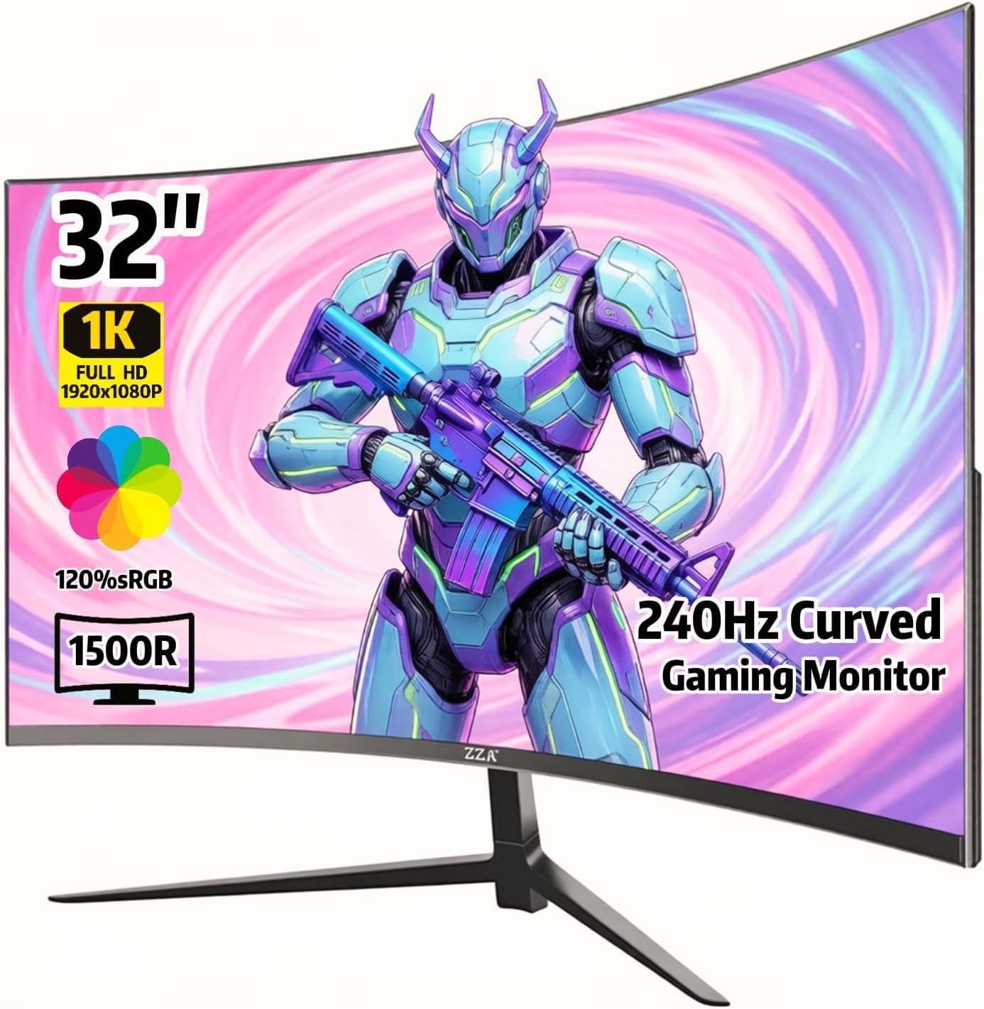 ZZA 32' Curved Gaming Monitor, FHD 1920x1080, VA, 1ms 240Hz, FreeSync Premium, DP 1.4/ HDMI 2.0, VESA Compatible, Tilt Adjustable