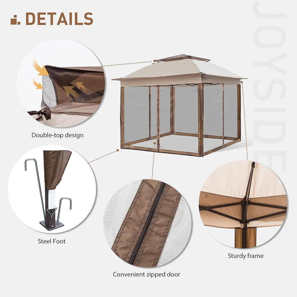 Joyside 11'x11' Pop Up Gazebo for Patio With Sidewalls and Mosquito Netting - Outdoor Canopy Shelter Tent for Weddings (Beige)