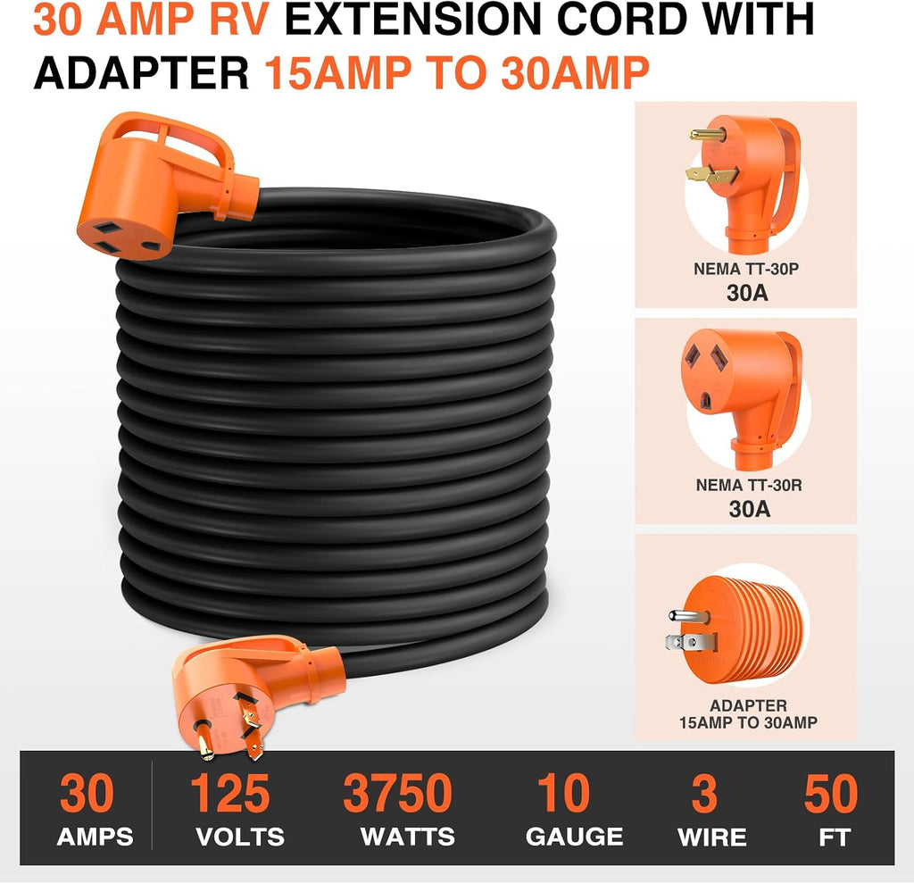 Nilight 50FT 30 Amp RV Extension Cord with Adapter 15Amp to 30Amp 125V Heavy Duty 10/3 Gauge Pure Copper STW Wire UL ETL Listed 3 Prong TT-30P TT-30R Weatherproof Suit for Generators Campers