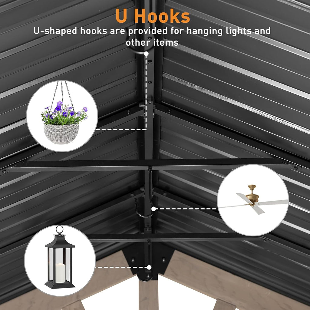 Aoodor 10 x 12 ft Wooden Frame Gazebo with Single Galvanized Metal Hardtop Roof, Outdoor Patio Gazebo with Charging Socket for Patio, Backyard, Deck, and Lawn