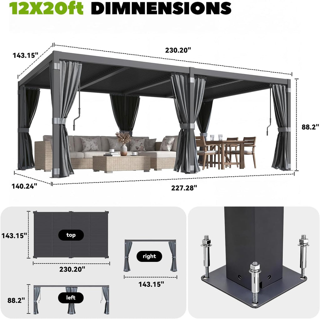 MELLCOM Louvered Pergola 12x20, Steel Aluminum Pergola with Adjustable Louvered Roofs, Outdoor Gazebo with Waterproof Curtains and Nets, Black