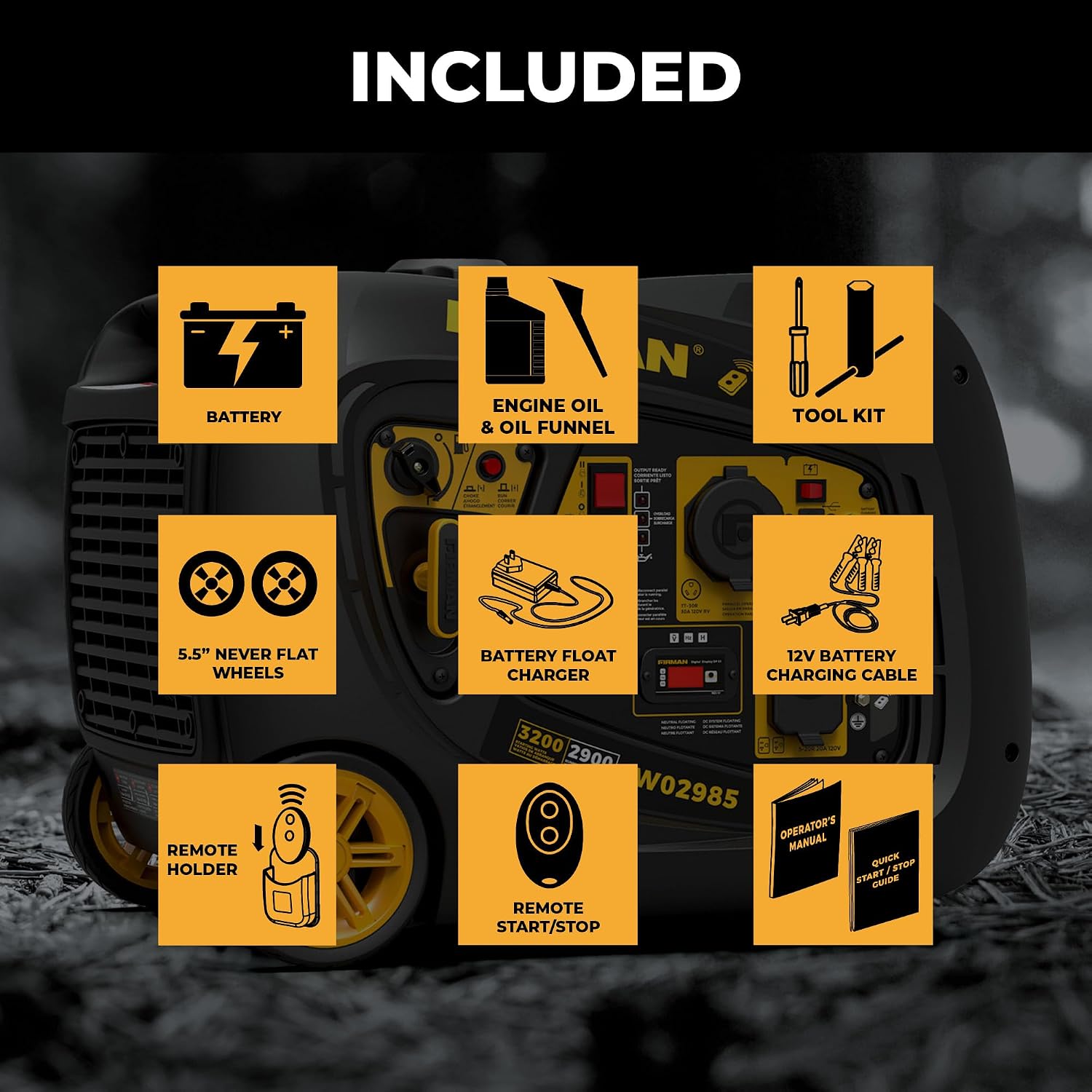 FIRMAN W02985 Inverter Portable Generator 3200W Remote Start, RV Ready Quiet Gas Power Station, Portable Outdoor Generator for Camping, Tailgating, Home Backup, Emergency Use