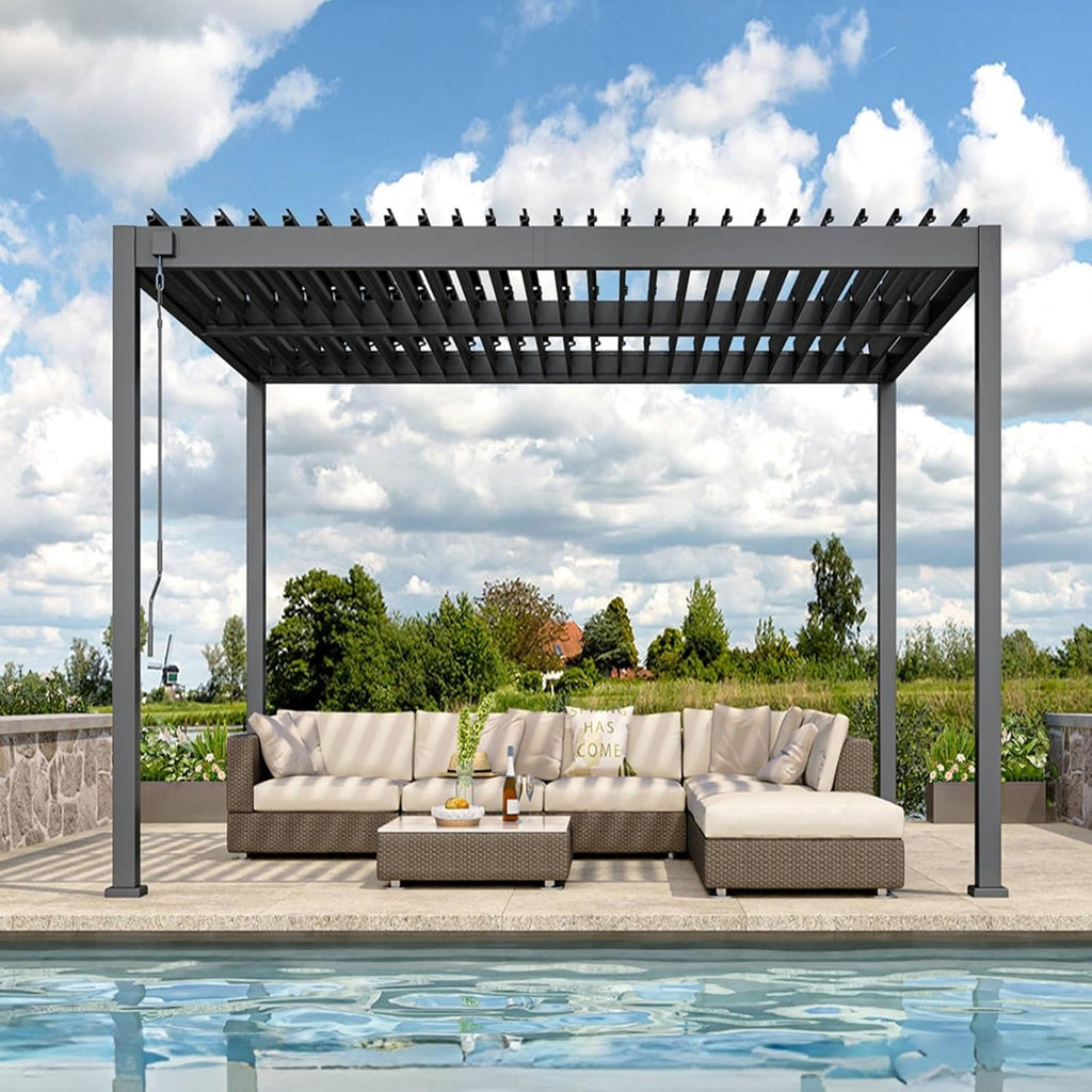 Louvered Pergola, 10 x 10 Aluminum Pergola, Outdoor Modern Design with Adjustable Roof and Hidden Drainage System, Durable for Garden, Yard, Deck (Dark Gray, 10x10)