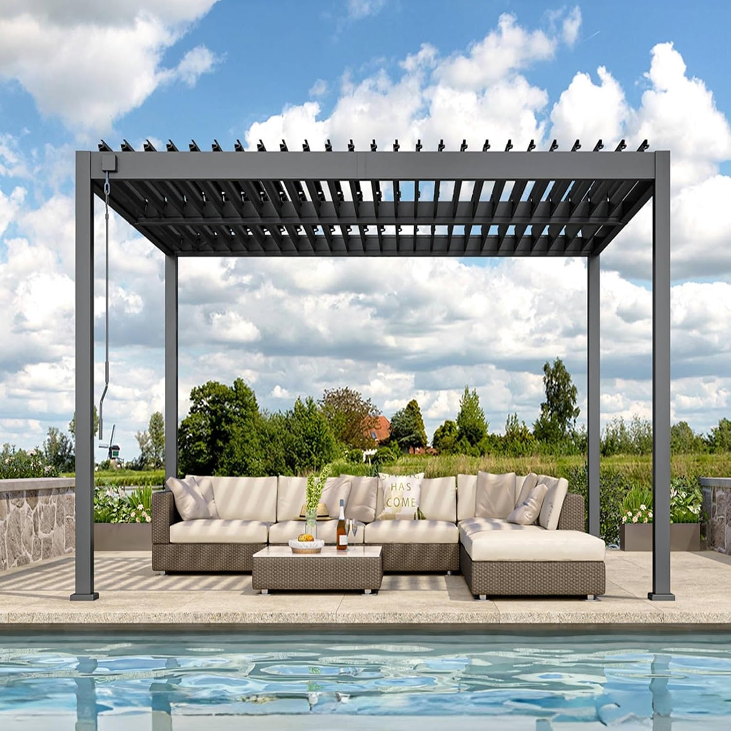 Louvered Pergola, 10 x 10 Aluminum Pergola, Outdoor Modern Design with Adjustable Roof and Hidden Drainage System, Durable for Garden, Yard, Deck (Dark Gray, 10x10)