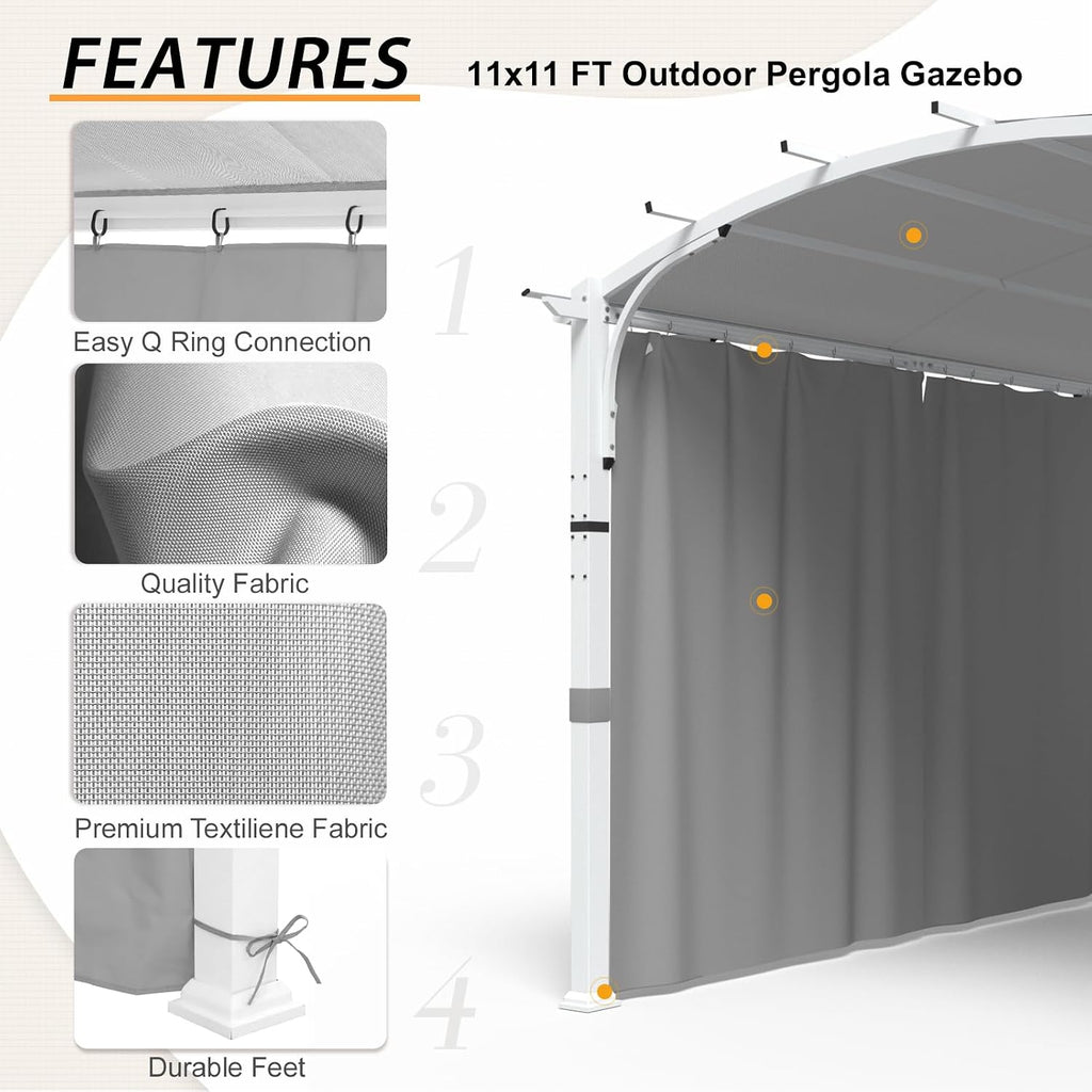 EAGLE PEAK 11x11 Outdoor Arched Top Pergola with Sidewalls, Steel Patio Gazebo with Textilene Top Canopy for Deck, Backyard, Porch and Garden, Gray