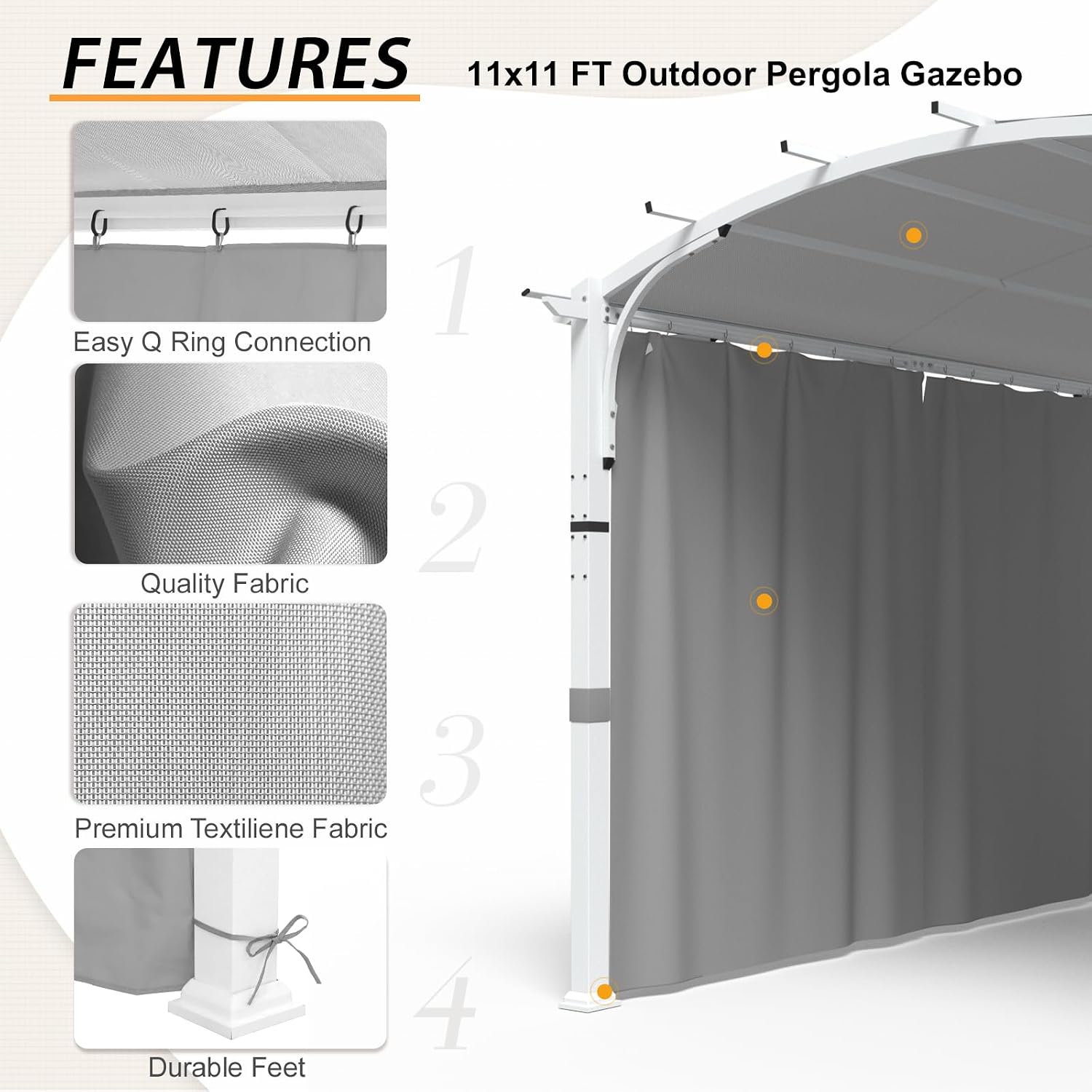 EAGLE PEAK 11x11 Outdoor Arched Top Pergola with Sidewalls, Steel Patio Gazebo with Textilene Top Canopy for Deck, Backyard, Porch and Garden, Gray