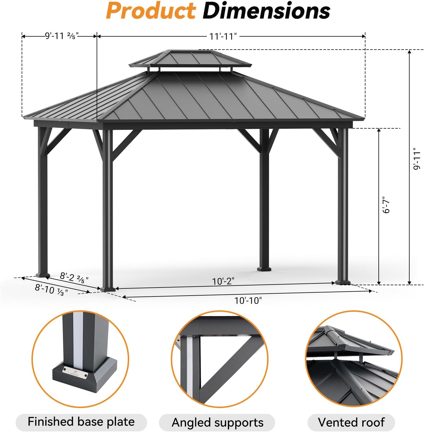 Modern Shade Hardtop Gazebo 10' x 12' with 4 LED Lights, Outdoor Gazebo with Galvanized Steel Double Roof，Four Seasons Pavilion with USB Charging Port Deck, Netting and Curtains for Patios