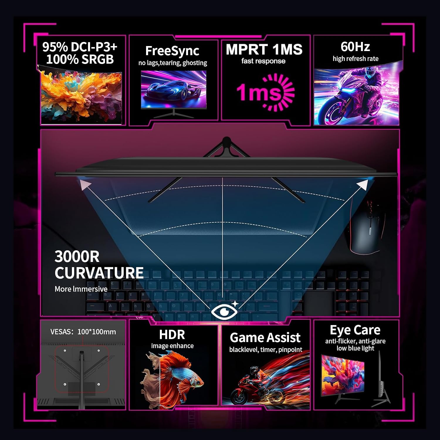 ZZA 32 Inch Curved Monitor 4K, 60HZ UHD (3840 * 2160P) 3000R VA Panel, Gaming Monitor with AMD Freesync, 100% sRGB HDR10 Wall Mountable (HDMI 2.0/DP 1.4 * 2)