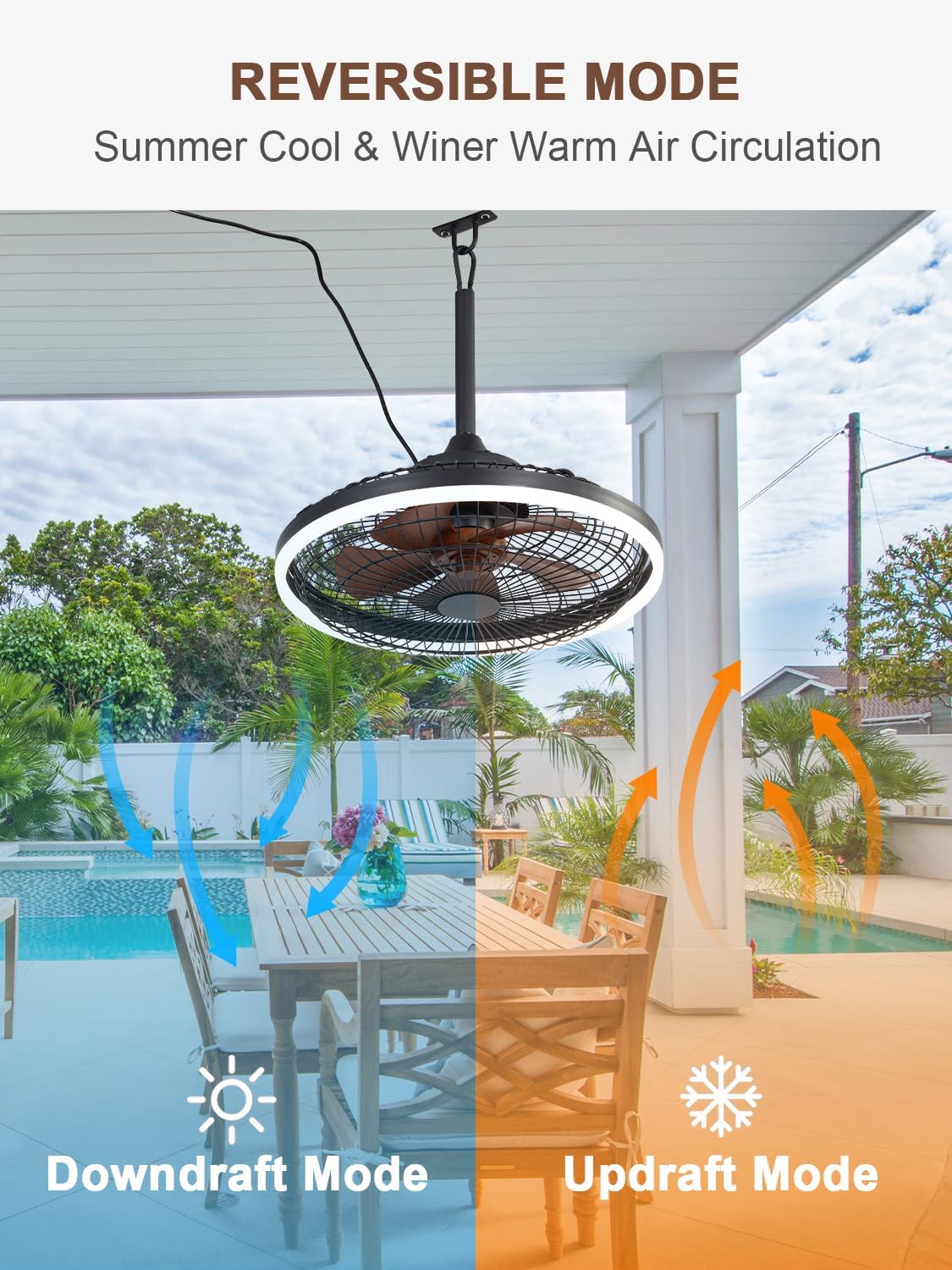 Bella Depot 20' Outdoor Ceiling Fan Black Waterproof Gazebo Fan with Dimmable Light Smart App Remote Control Hanging Fan for Outside Patios Pergola Tent Plug-in Design (20'- Minimalist Black)