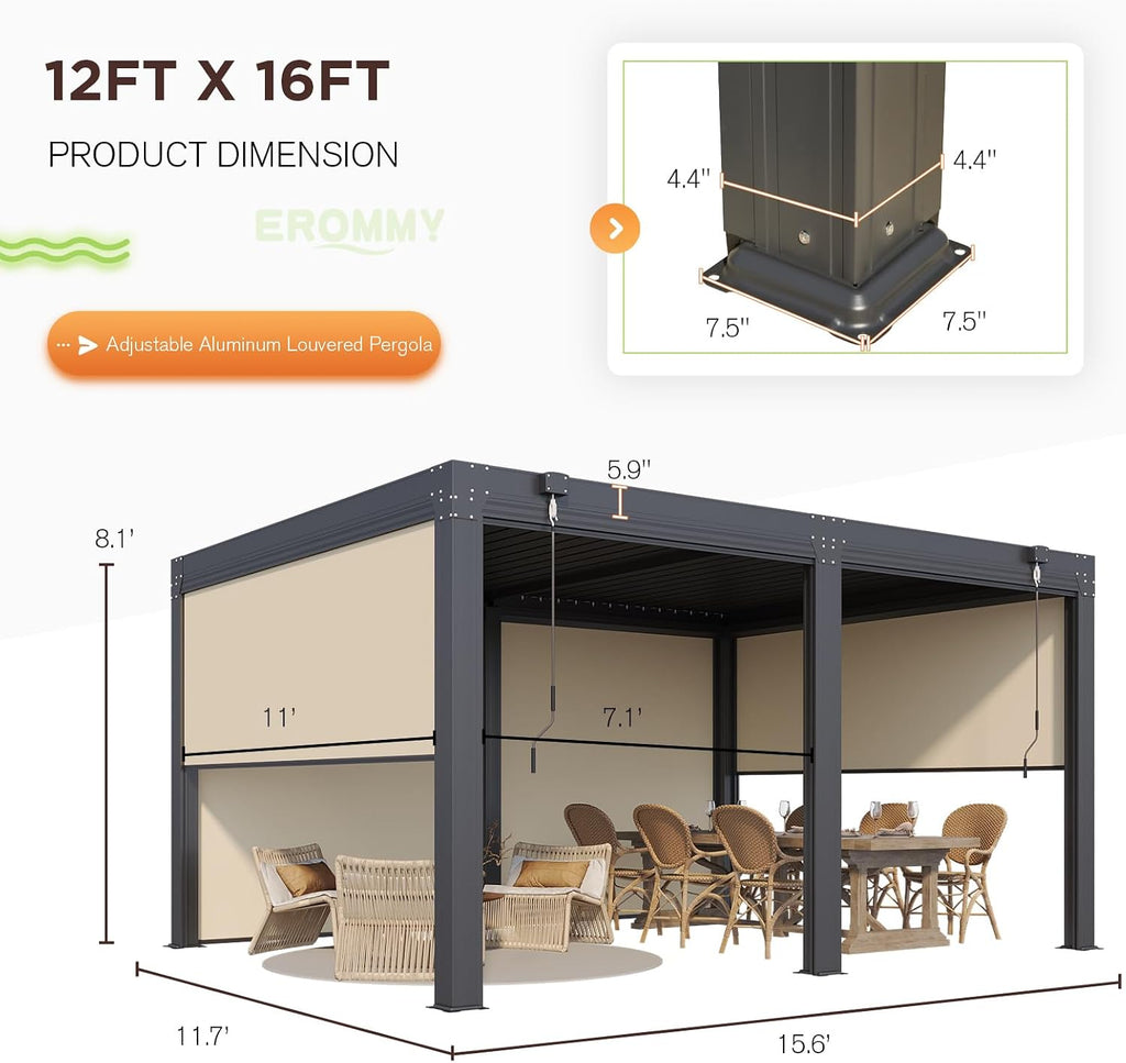 EROMMY 12x16 Louvered Pergola with Side Pull-Down Screen, Outdoor Aluminum Pergola with Thickened Frame and Adjustable Metal Rainproof Roof for Deck Patio Garden Yard, Black-Gray
