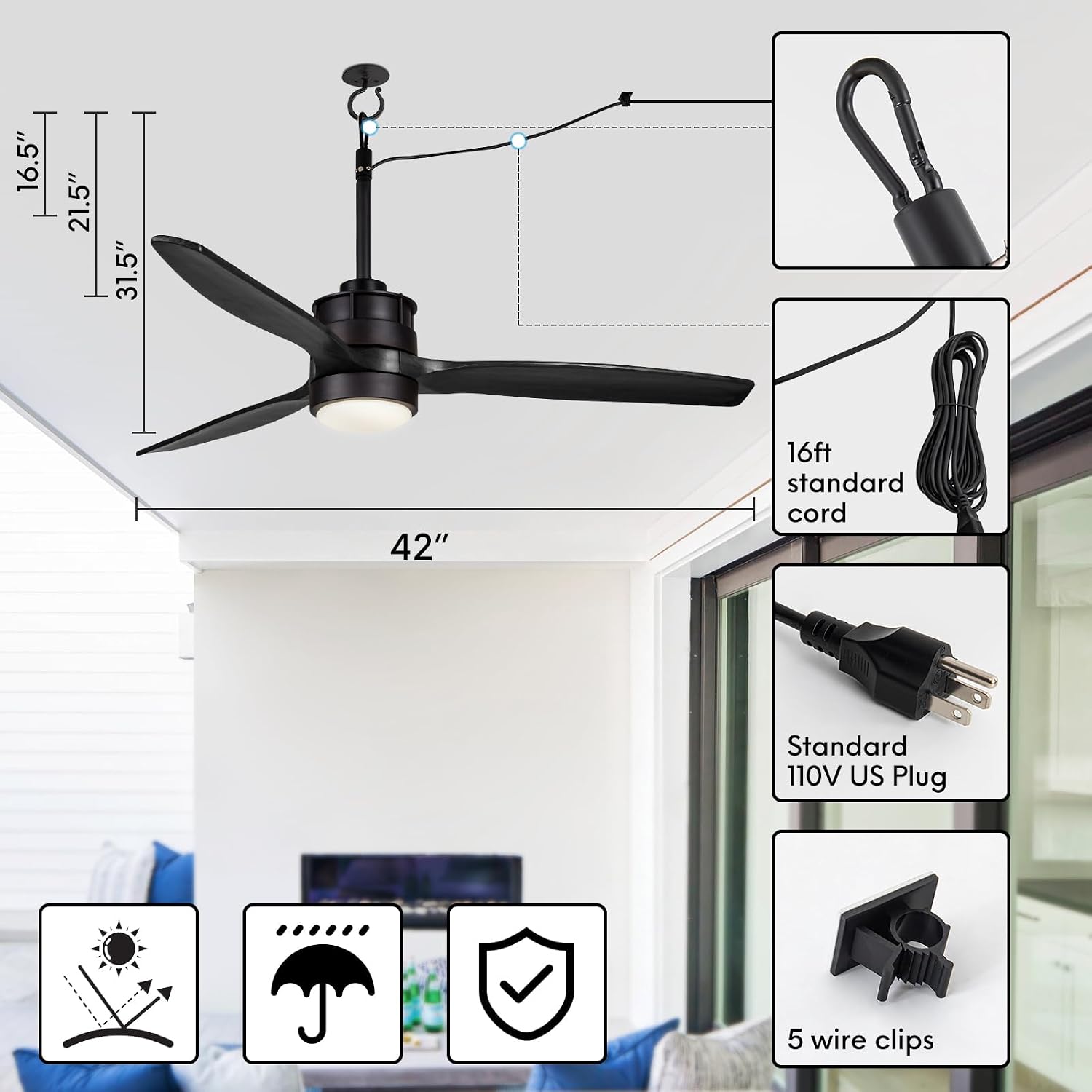 EKIZNSN 42' Wet Rated Gazebo Ceiling Fans Outdoor Hanging for Patios Waterproof, Pergola Ceiling Fan with Light, Hook Installation, Black
