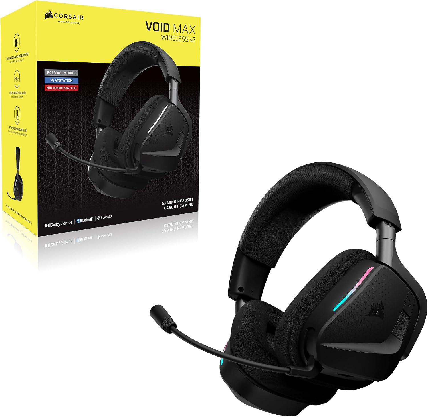 Corsair Void v2 MAX Wireless Gaming Headset for PC, PS5, PS4, Switch, Mobile - Simultaneous 2.4GHz+Bluetooth, Dolby Atmos, Sonarworks SoundID, 70Hr Battery, Fast Charging, Clear Microphone - Carbon