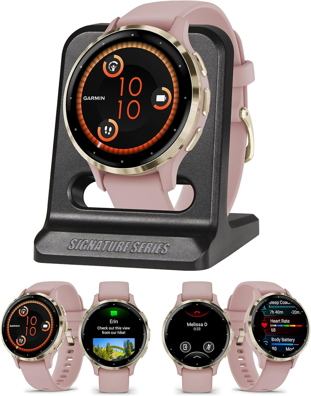 Garmin Venu 3S Running GPS Smartwatch with AMOLED Display, Advanced Health, Fitness Features, Up to 14 Day Battery Life with Signature Series Modern Power Stand | Gold with Dust Rose Silicone Band