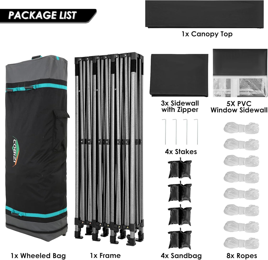 COBIZI 10x30 Heavy Duty Pop up Canopy with 8 sidewalls Party Tent for Parties Weddings Events UPF 50+ Waterproof Commercial Gazebo with Roller Bag, Black(Frame Thickened)