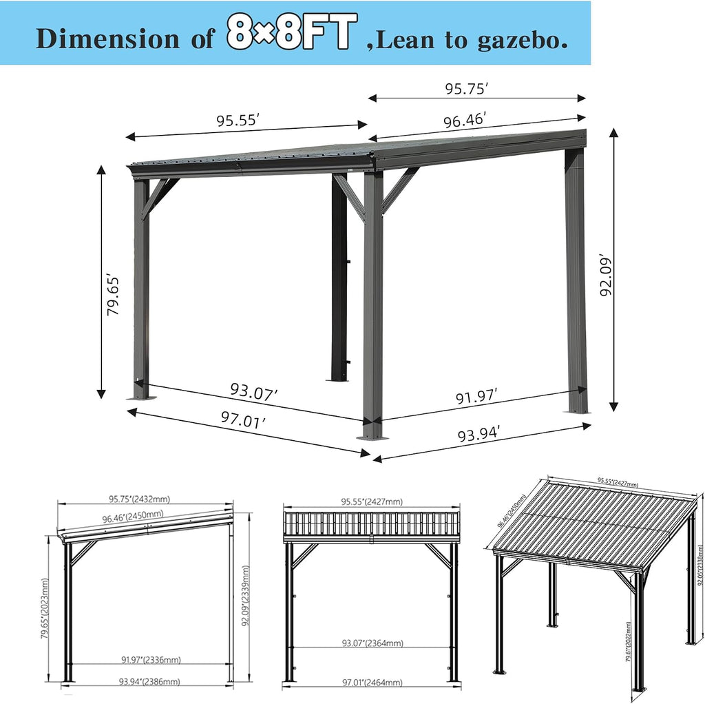 Domi 8'x8' Lean-to Gazebo, Hardtop Wall-Mounted Gazebo Pergola with Sloping Galvanized Steel Roof and Upgraded Drainage System, Outdoor Permanent Metal Shelters for Patio Backyard Deck, Grey