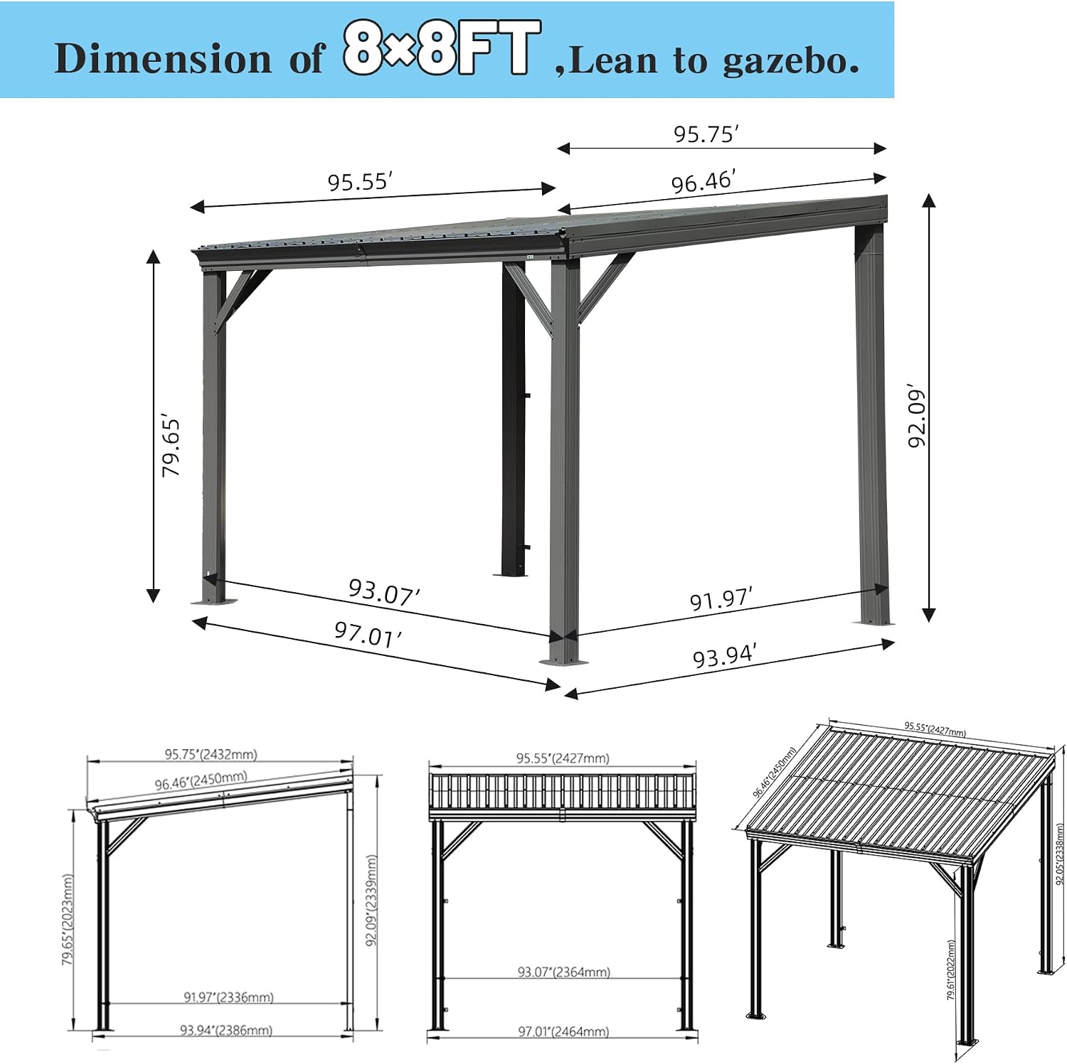Domi 8'x8' Lean-to Gazebo, Hardtop Wall-Mounted Gazebo Pergola with Sloping Galvanized Steel Roof and Upgraded Drainage System, Outdoor Permanent Metal Shelters for Patio Backyard Deck, Grey