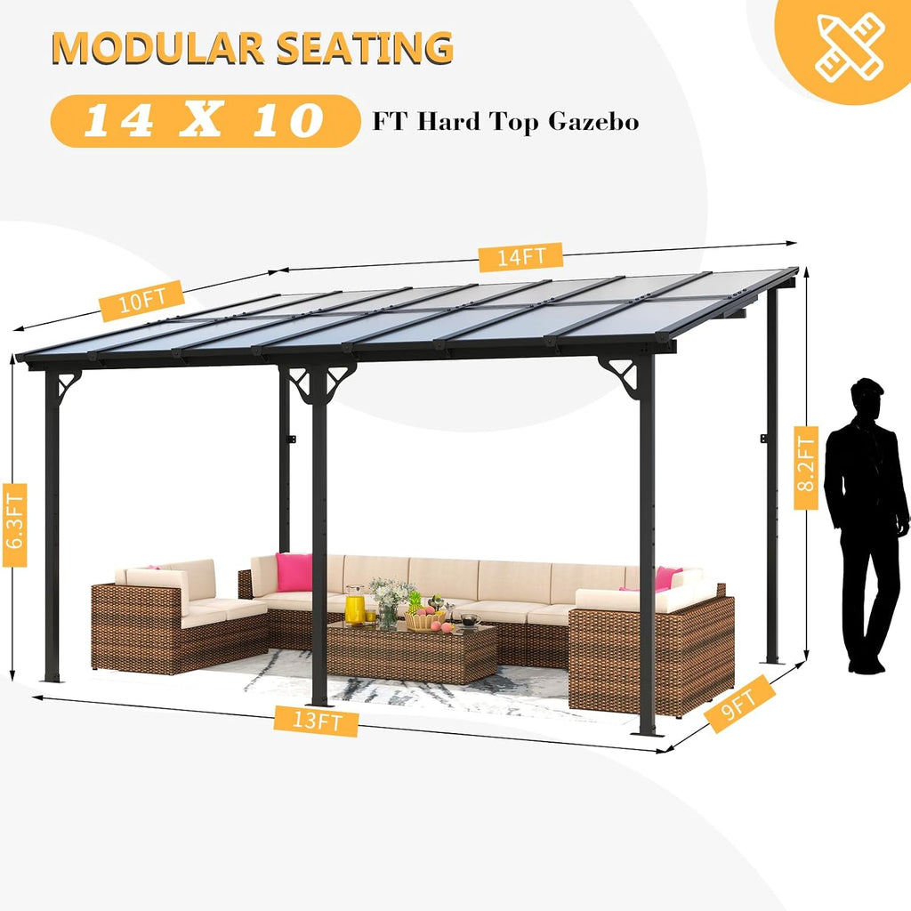 10' x 14' Gazebo for Patio, Gazebo Pergola with Sloped Roof, Large Wall-Mounted Heavy Duty Awnings, for Backyard, Patio, Deck and More