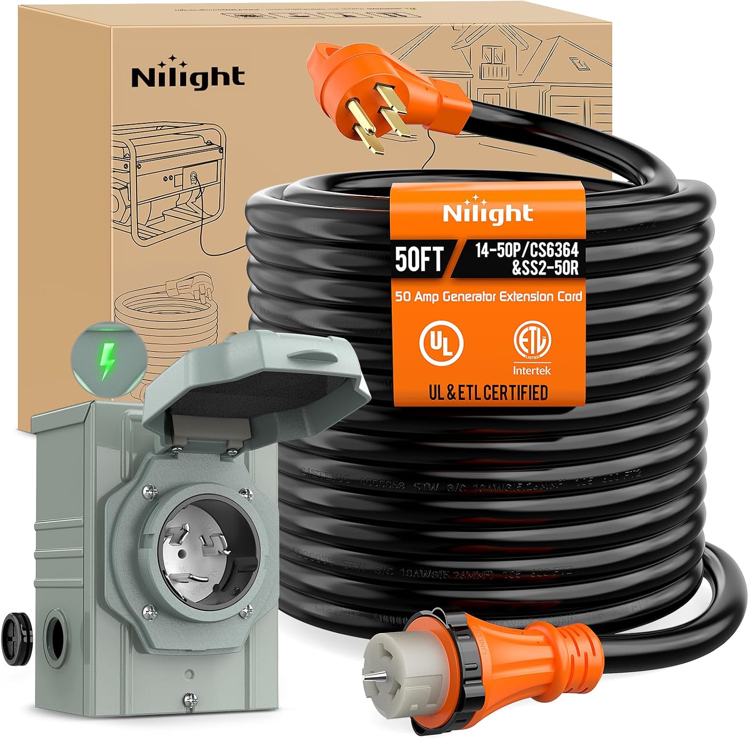 Nilight 50A 50FT Generator Extension Cord and Power Inlet Box 125/250V Heavy Duty 6/3+8/1 Gauge STW ETL Listed NEMA 14-50P/SS2-50R Twist Lock Connector for RV Outdoor Use