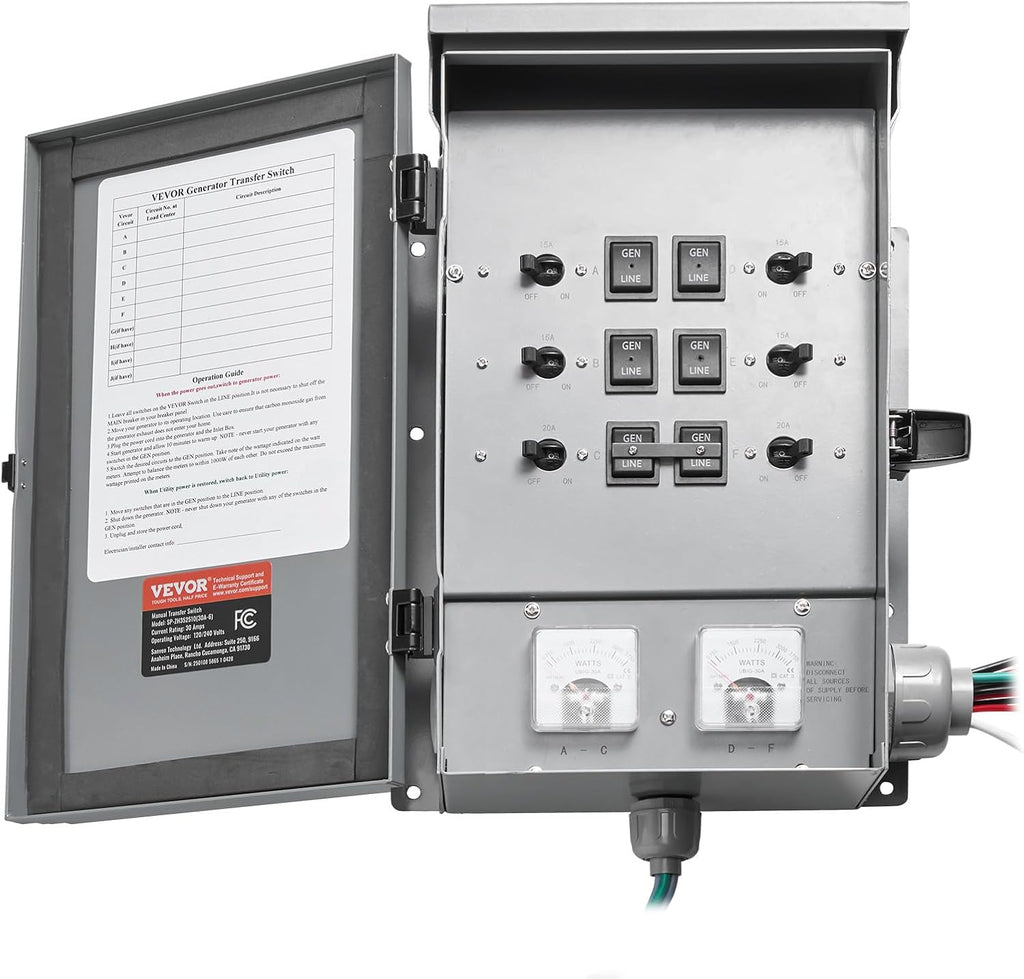VEVOR Manual Transfer, 30-Amp 6-Circuit, Prewired Generator Transfer Kit with NEMA L14-30P Power Inlet Box, Double-Throw, NEMA 3R, Mechanical Watt Meter, for 7500W Generators