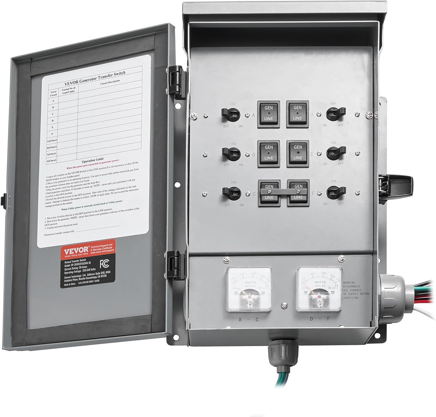 VEVOR Manual Transfer, 30-Amp 6-Circuit, Prewired Generator Transfer Kit with NEMA L14-30P Power Inlet Box, Double-Throw, NEMA 3R, Mechanical Watt Meter, for 7500W Generators
