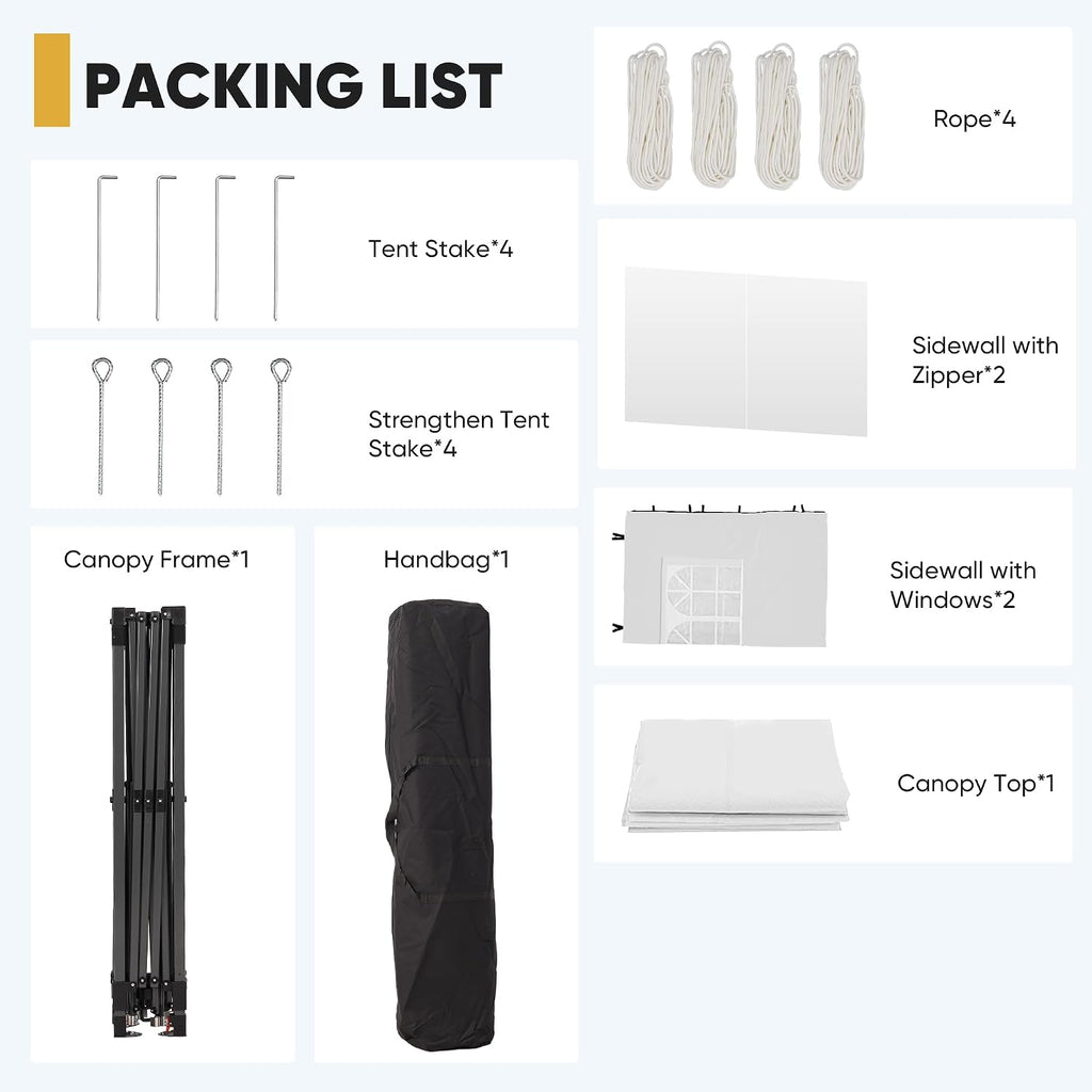10x10 Pop Up Canopy Tent with One Push Setup, Portable Sun Shade Tent, Instant Easy Up Canopy with 4-Sidewalls & Wheeled Bag, Outdoor Fldable Gazebo with Vent Top, White.