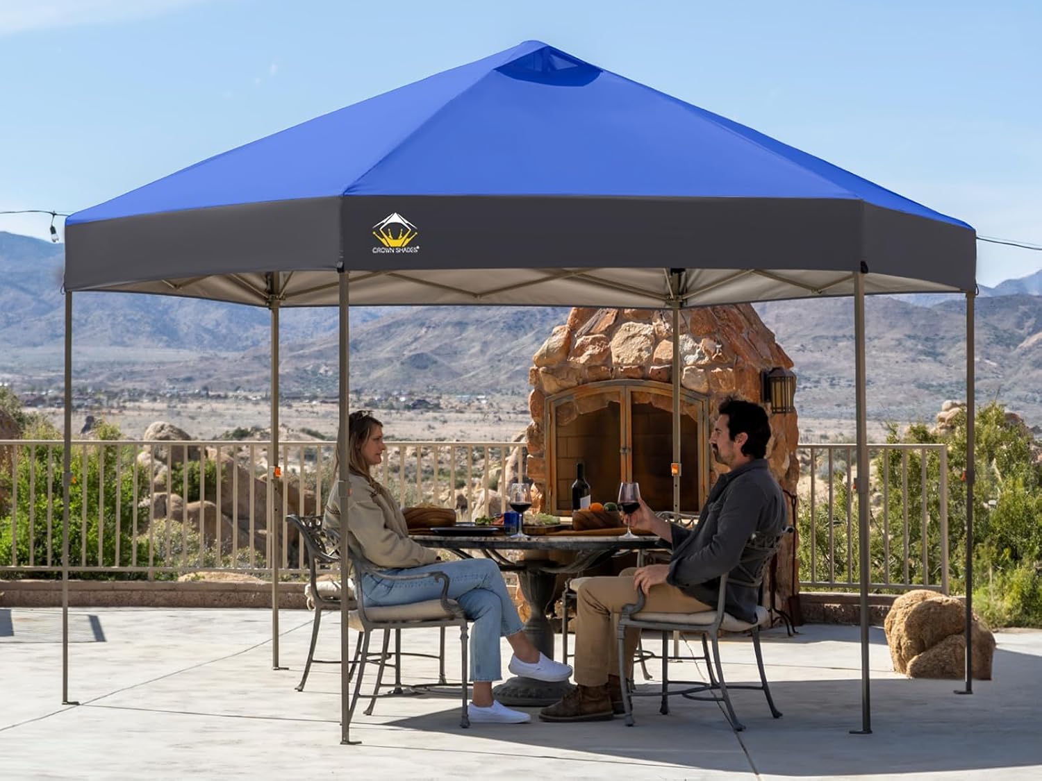 CROWN SHADES 14x14 Pop up Gazebo, Patented Center Lock 6-Sided Portable Gazebo, Easy Set Up, 300D Silver-Coated Fabric UV Resistant, Pop Up Canopy Tent for Patio, Outdoor Activities, Blue&Light Grey