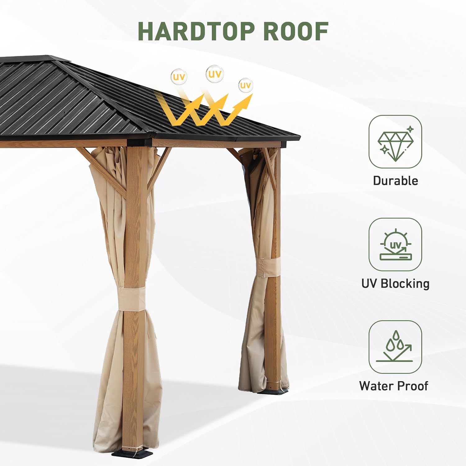 Aoodor 10 x 12 ft. Outdoor Hardtop Gazebo, Wooden Finish Coated Aluminum Frame Gazebo with Curtains and Mosquito Nettings for Patio, Garden, Backyard