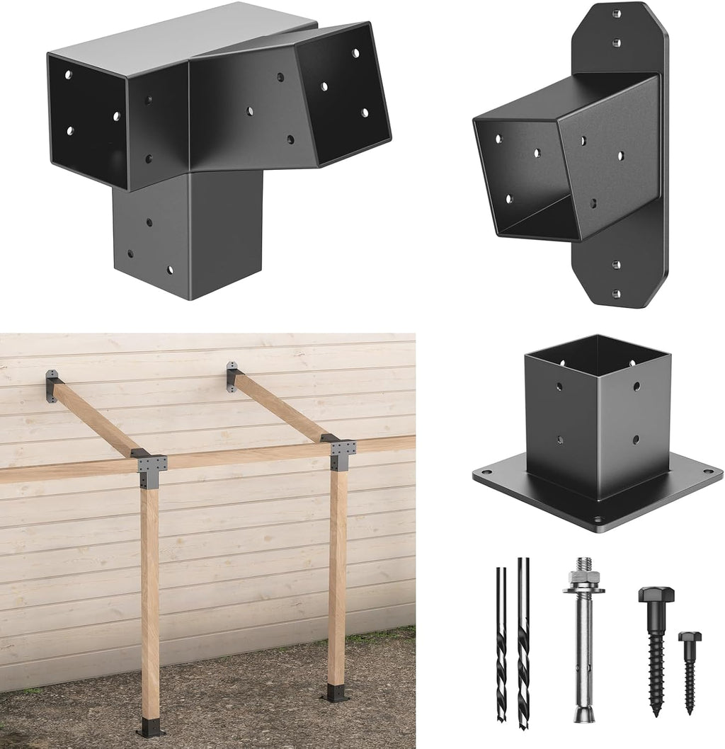 15° Wall Pergola Kits - Stainless Steel 15 Degrees Wall Mounts for 4x4 Posts(Actual 3.5' X 3.5'), Angled Pergola Construction Bracket Kit(a 4-Way,1 wall-Bracket,1 Post-Base)