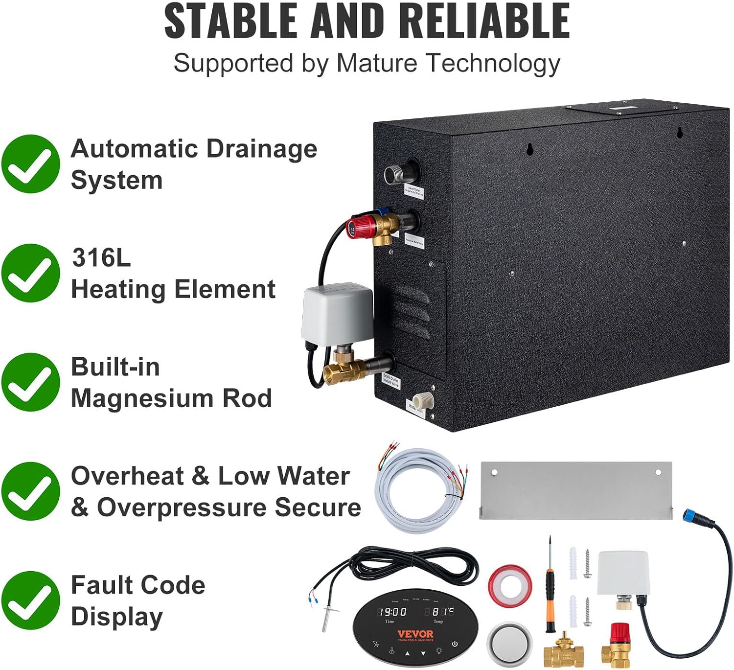 VEVOR Steam Shower Generator, 15 kW, Segmented Heating Temperature Customization & 24h Timer Steam Bath Kit, Automatic Drainage Steam Shower System