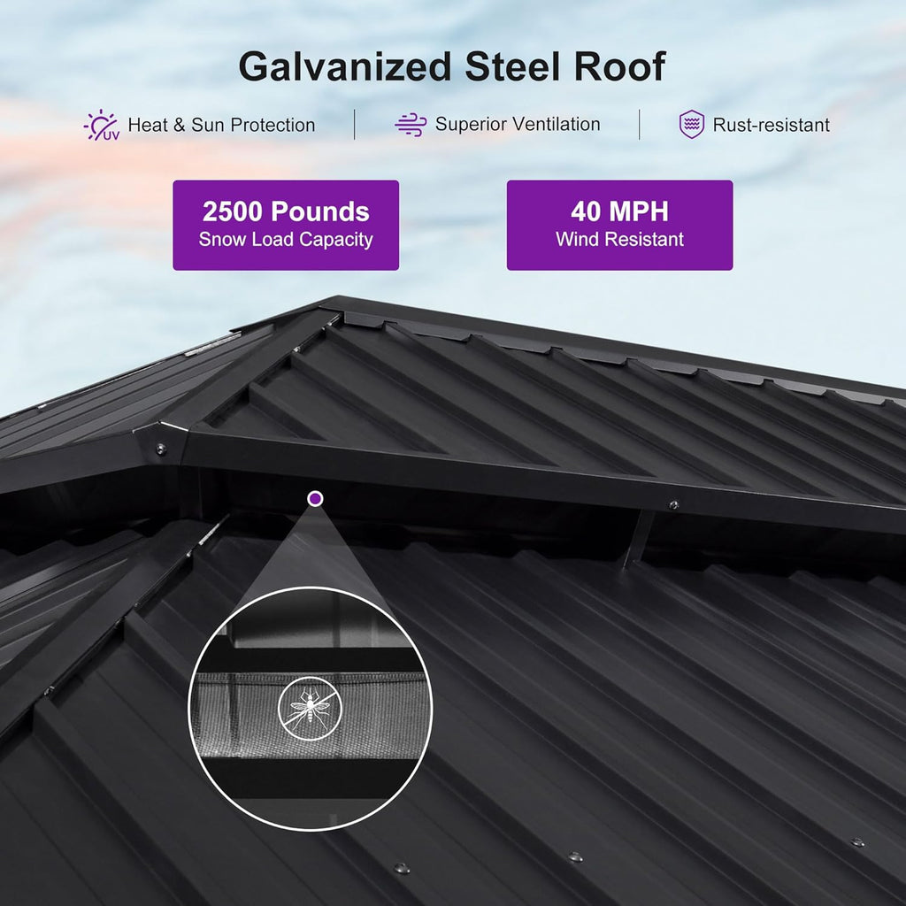 PURPLE LEAF 14' X 20' Outdoor Hardtop Gazebo for Patio Galvanized Steel Double Roof Permanent Canopy Teak Finish Coated Aluminum Frame Pavilion Gazebo with Netting and Khaki Curtains