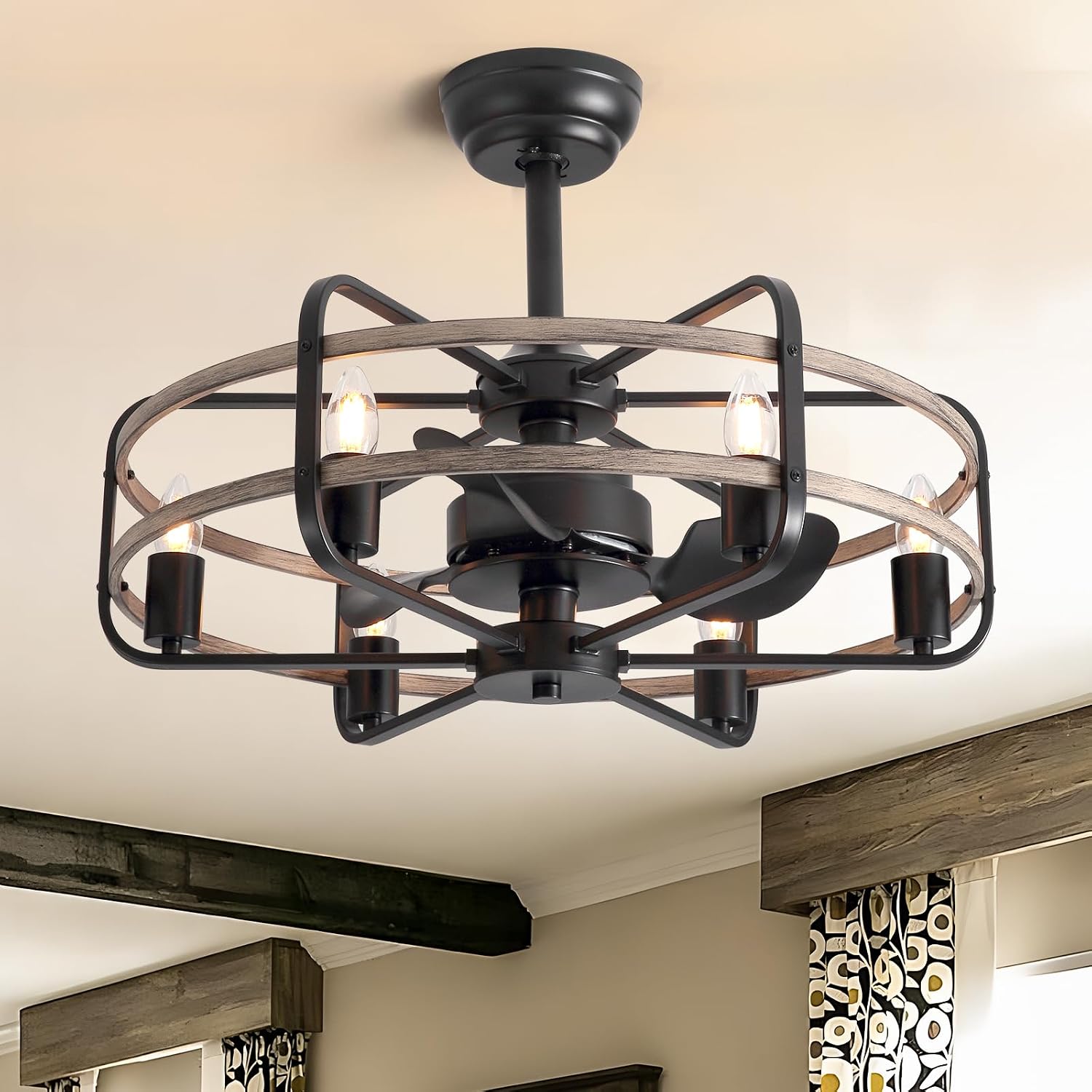 Industrial Caged Ceiling Fan with Lights, 25' Farmhouse Fandelier with Remote Control, 6-Speed Quiet Reversible Motor, E26 Base, Rustic Black and Wood Finish, No Bulbs Included