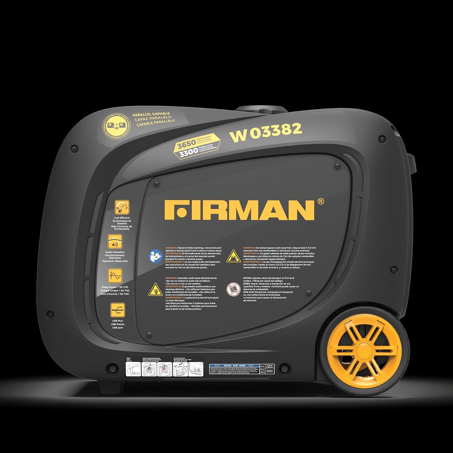 FIRMAN W03382 Gas Inverter Portable Generator, 3650W Electric Start Power, Quiet Whisper Series Muffler, Fuel Efficient Eco Mode, RV Ready 120V Output, Camping Outdoor Recreation, Home Backup Use