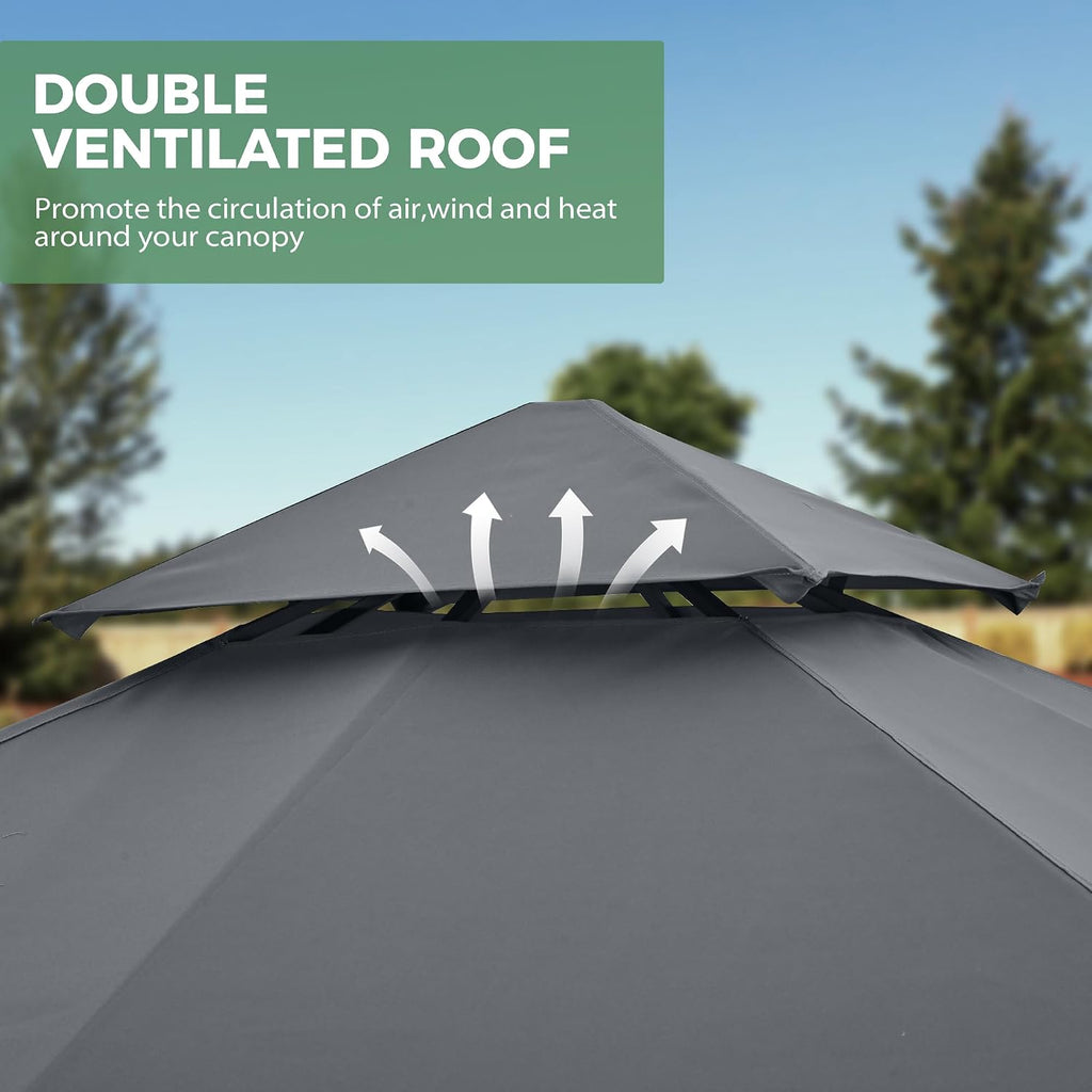 12' X 12' Patio Gazebo with Ventilation Double Roof, Outdoor Gazebo with Removable Mosquito Netting, Easy Up Metal Outdoor Canopy Shelter for Backyard, Garden, Lawn, Grey