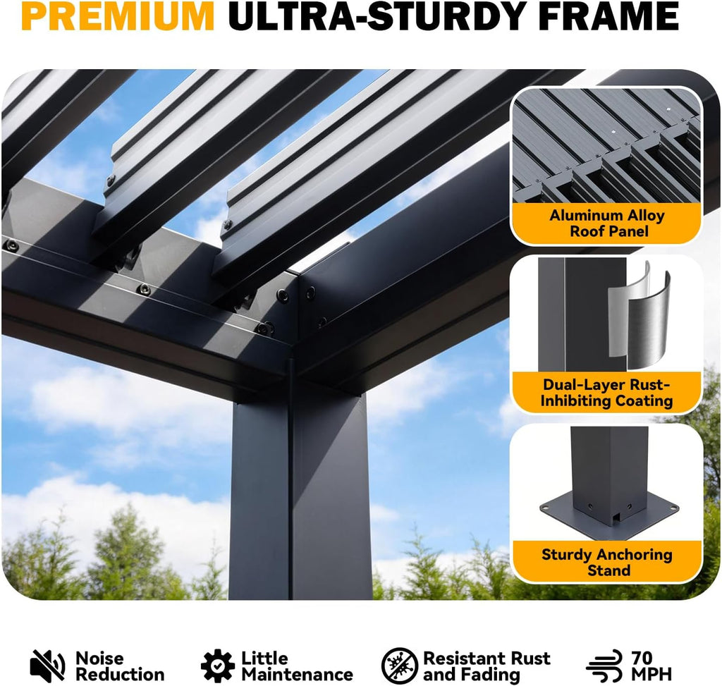 Louvered Pergola 10x10ft, Metal Hardtop Pergola with Adjustable Roof for Sun & Rain Shade, Outdoor Gazebo with Integrated Drainage System, Modern Rustproof Patio Canopy Carport