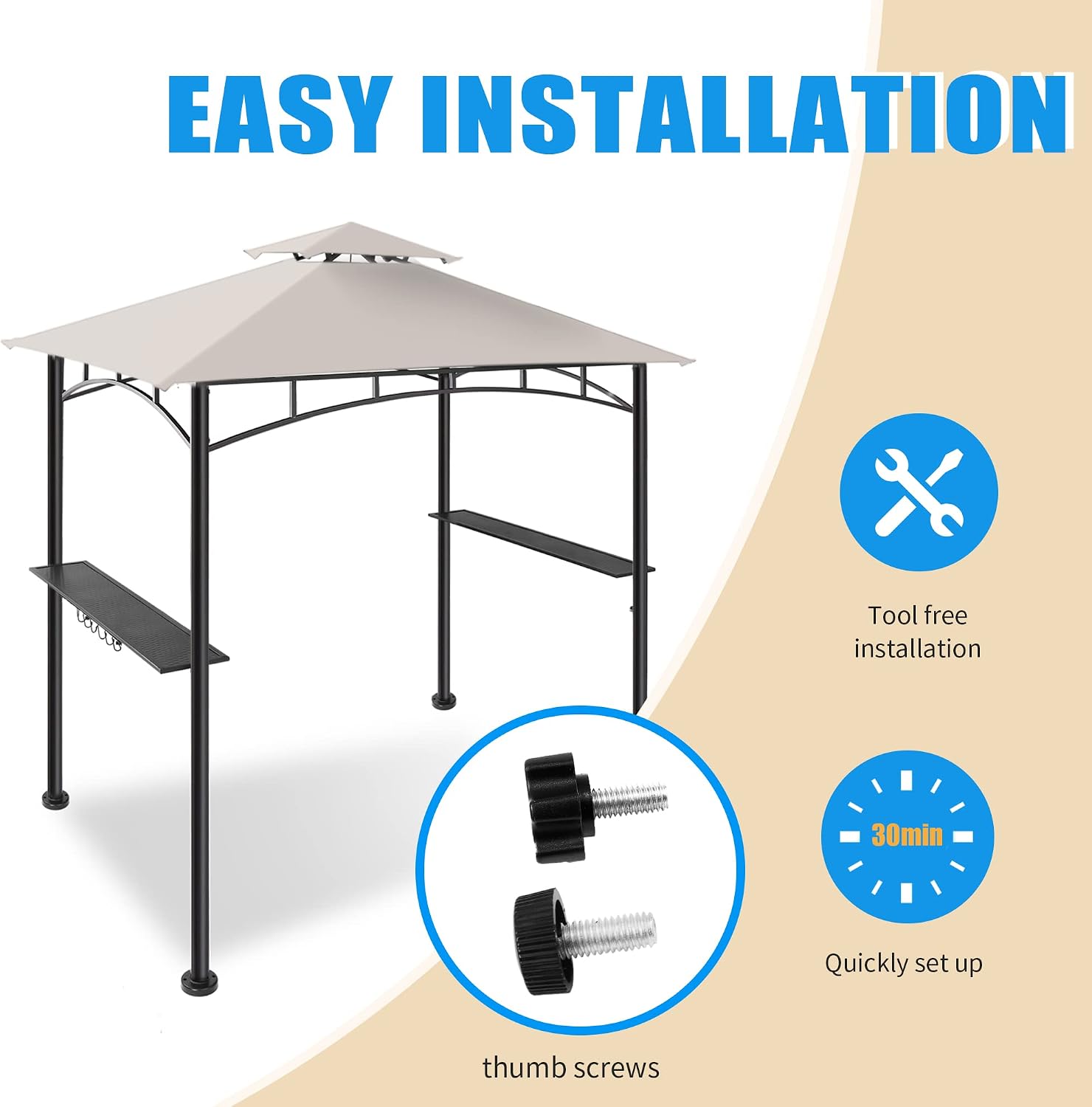 FAB BASED 5x8 Grill Gazebo, All-Weather Steel Construction, Double Tiered & Resistance Canopy Roof, Metal Serving Shelves, 2 LED and Bottle Opener for Patio, Backyard, BBQ (Light Gray)
