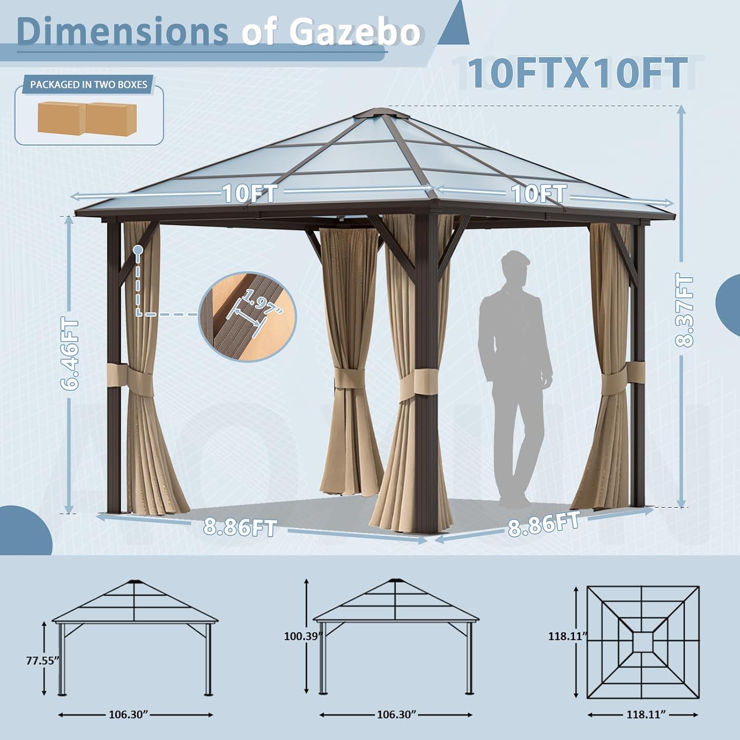Aoxun 10' x 10' Gazebo Single Polycarbonate Roof, Outdoor Aluminum Frame Everlasting Pergolas with Netting and Curtains, for Backyards, Patios, Parties, Gardens and Lawns