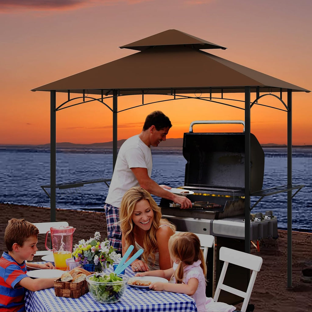 Tangkula 8x5 Ft Grill Gazebo, 2-Tier Barbecue Gazebo with 2 Shelves, 7 Hooks, Metal Frame, Outdoor Grill Canopy for Backyard Garden Poolside (Coffee)