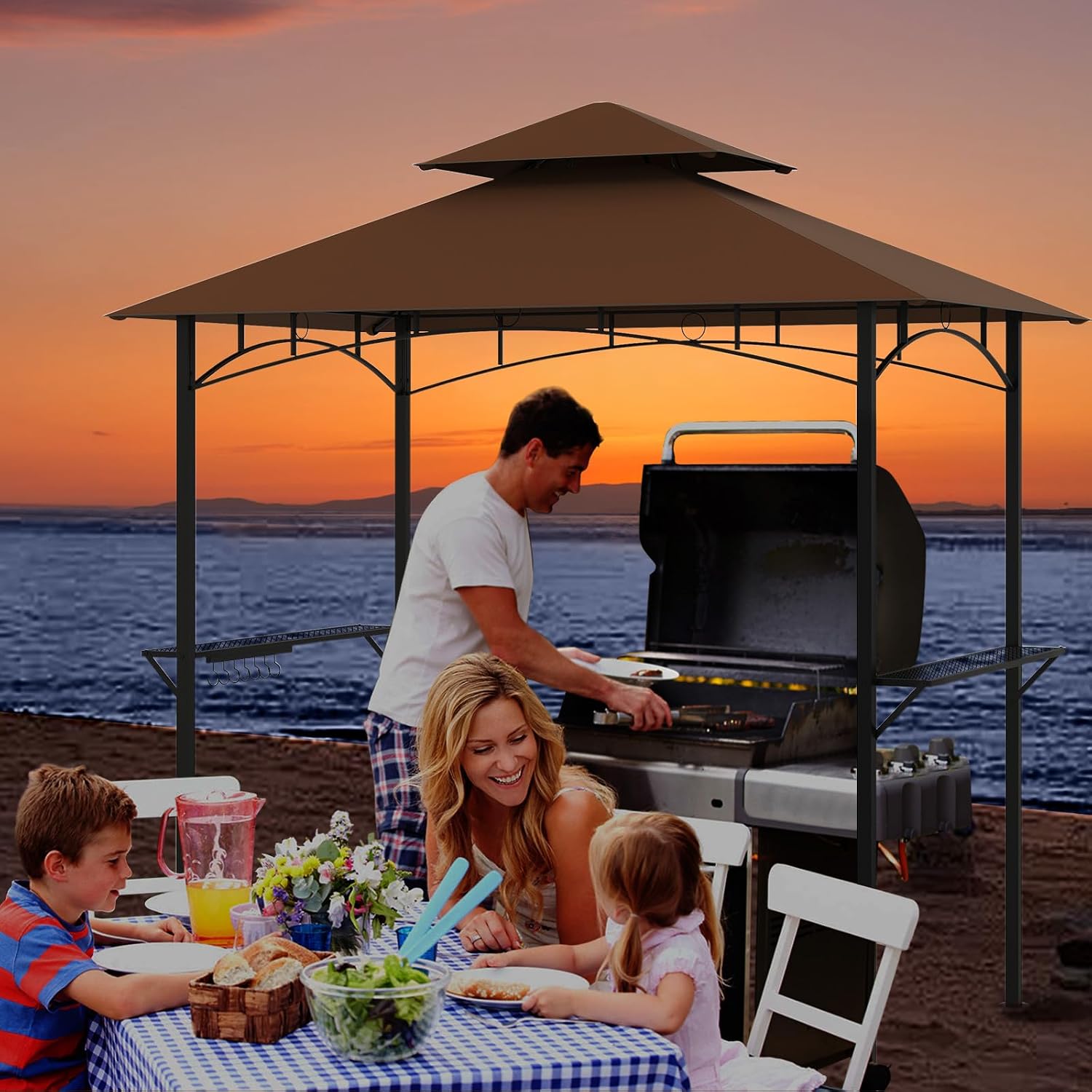 Tangkula 8x5 Ft Grill Gazebo, 2-Tier Barbecue Gazebo with 2 Shelves, 7 Hooks, Metal Frame, Outdoor Grill Canopy for Backyard Garden Poolside (Coffee)
