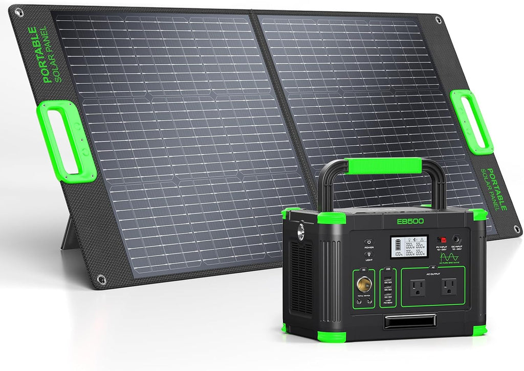 500W Portable Power Station with 100W Foldable Solar Panel, 519Wh Outdoor Solar Generator Backup Battery Pack with 2 110V AC Outlets, for RV, Van, Camping, Climbing, Road Trip & Home Emergency Use