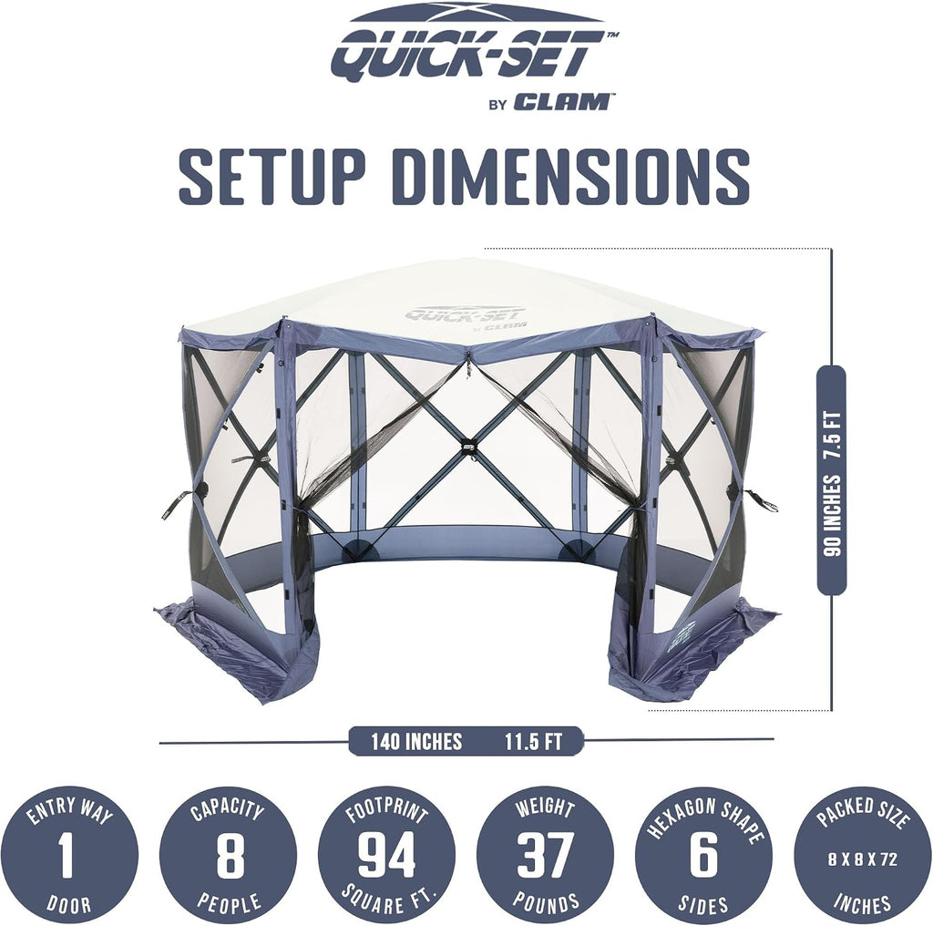 CLAM Quick-Set Pop Up Screen Tent, Escape, 11.5 ft, Instant Setup Slate Blue Outdoor Gazebo Canopy Shelter, 6-Person Bug-Free Camping Tent for Patio, Backyard, Tailgating - Slate Blue