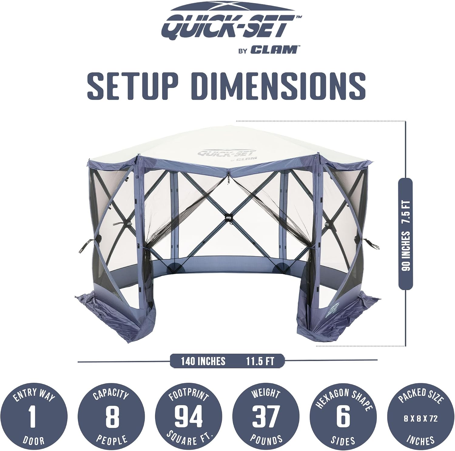 CLAM Quick-Set Pop Up Screen Tent, Escape, 11.5 ft, Instant Setup Slate Blue Outdoor Gazebo Canopy Shelter, 6-Person Bug-Free Camping Tent for Patio, Backyard, Tailgating - Slate Blue