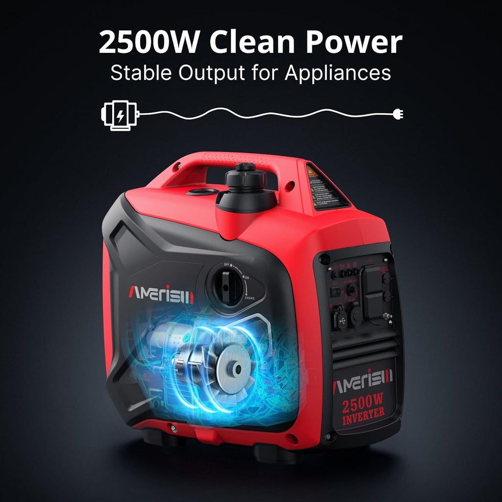 AMERISUN 2500W Inverter Generator - Long Runtime, Fuel Efficient, and CO Sensor for Camping, Emergencies, EPA Compliant