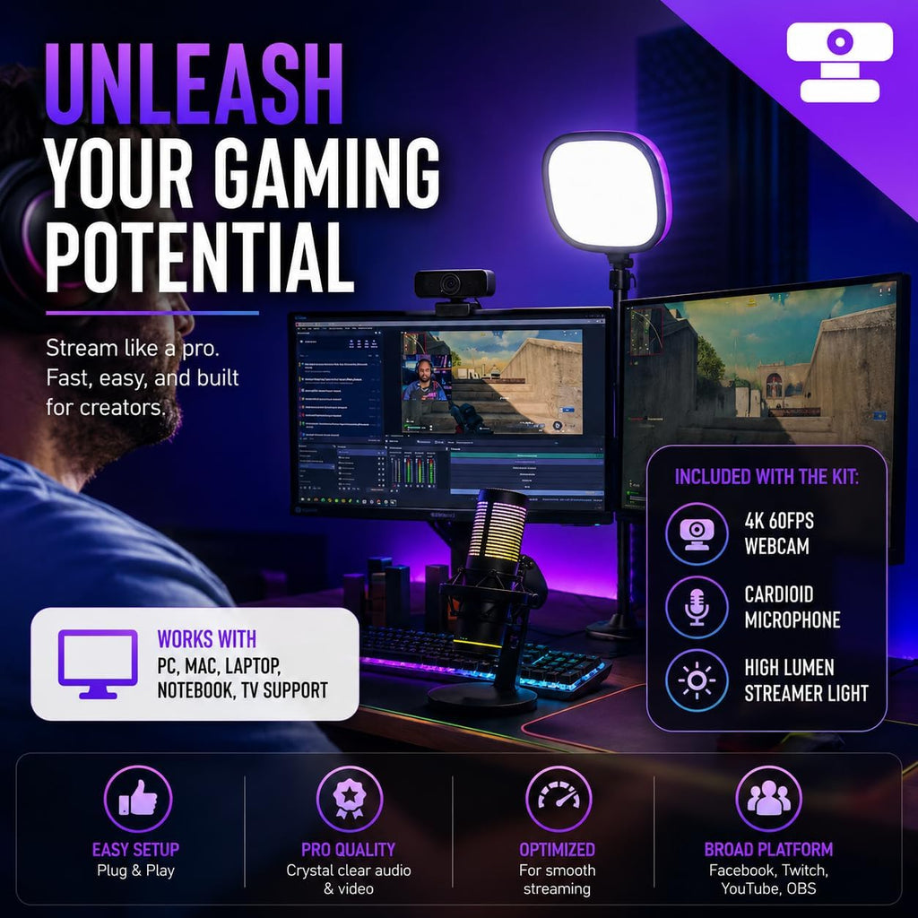 Live Video Streaming Kit (Deluxe)-for Video Call, Gaming, Podcast, YouTube, Content Creation- Includes 2k 60 FPS Webcam, Professional Cardioid Microphone, and LED Flat Light for Android/MAC/Windows